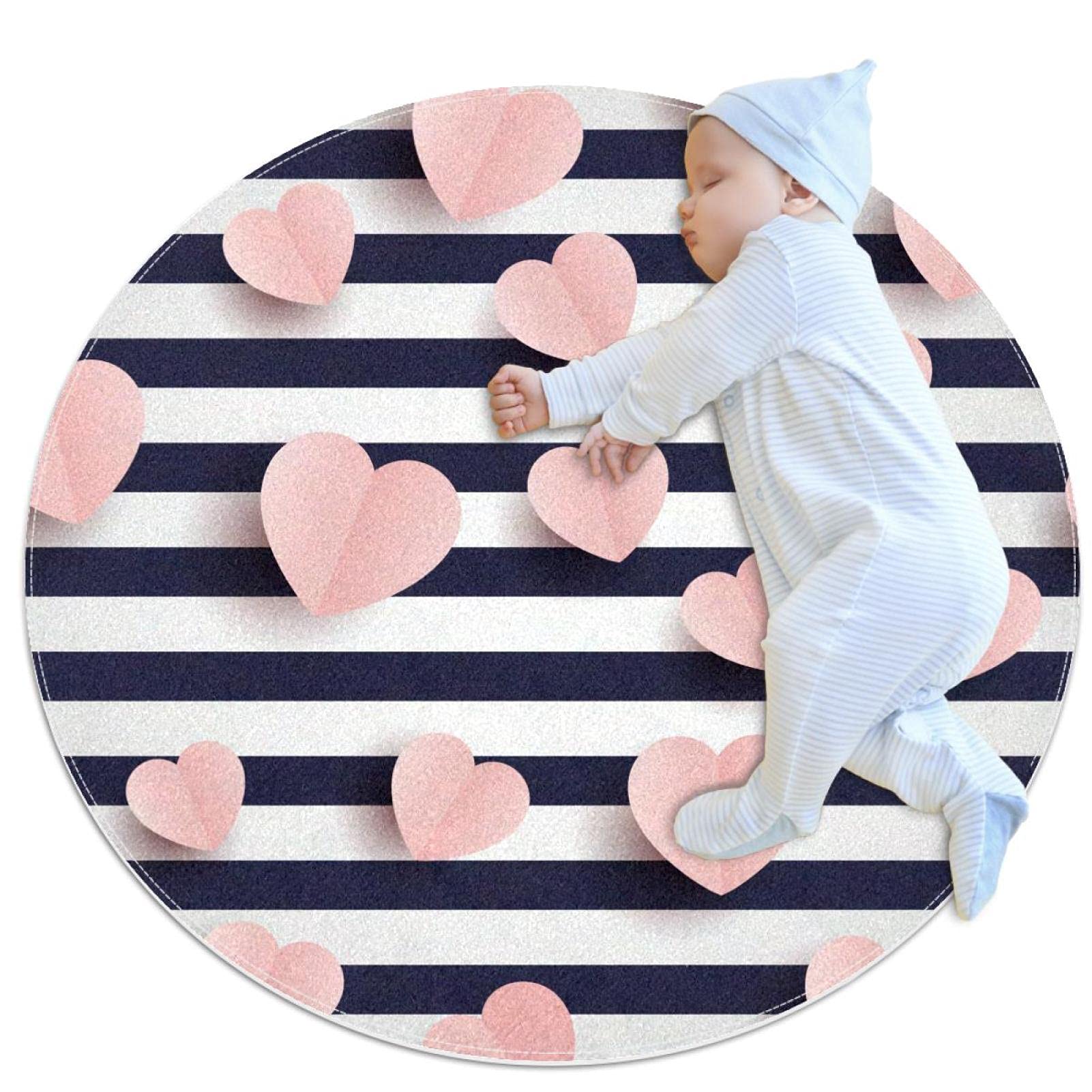 Tapis de jeu pour enfants rond 80x80cm JDEZ à rayures et motifs coeurs roses