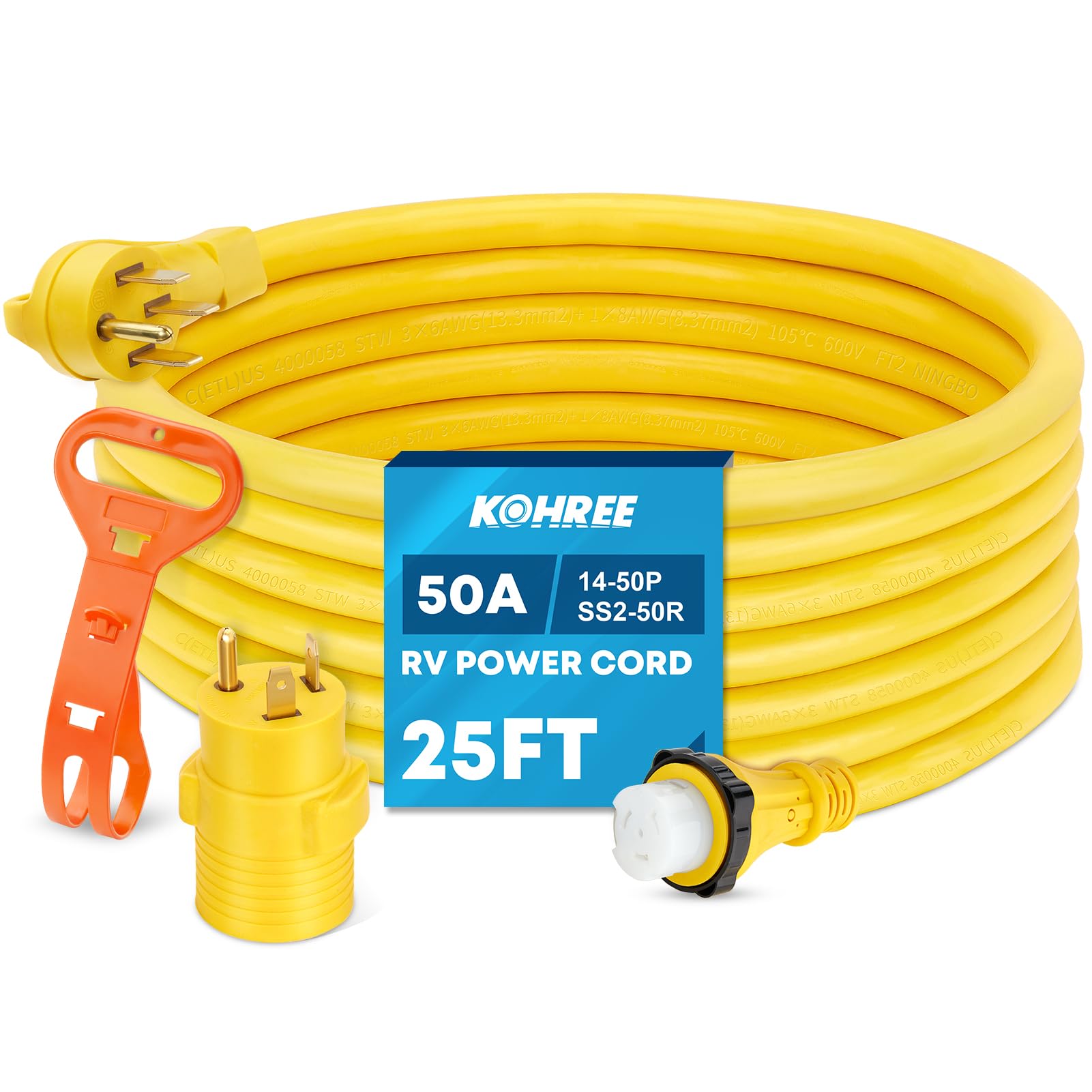 Kohree50 Amp RV Power Extension Cord 25 FT with Grid Handle Heavy Duty, 50 M/50F 90 Degree RV Locking Adapter, LED Indicator & 30 M/50F Power Adapter, Heavy Duty 6/3+8/1 Gauge STW Wire, ETL Listed