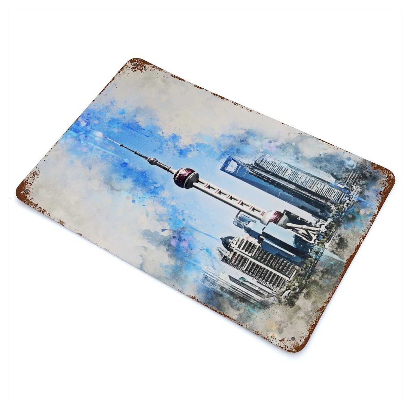 Aged Metal Wall Plaque with Shanghai in Watercolor Design 11.8"x7.9", for Basement, Hobby Room And Garage Decor, Farmhouse Wall Decor