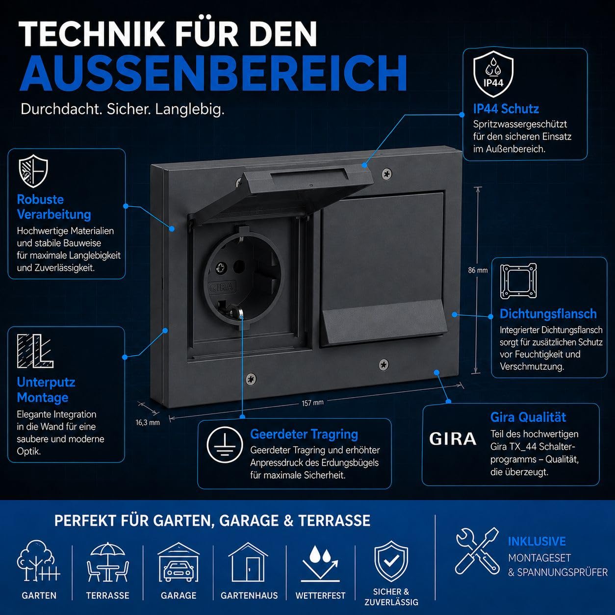 Gira TX 44 Außensteckdose 2-fach anthrazit IP44 mit Rahmen Dichtungsflansch Montageset Spannungsprüfer wetterfeste Unterputz Steckdose für Garten Terrasse Balkon Garage