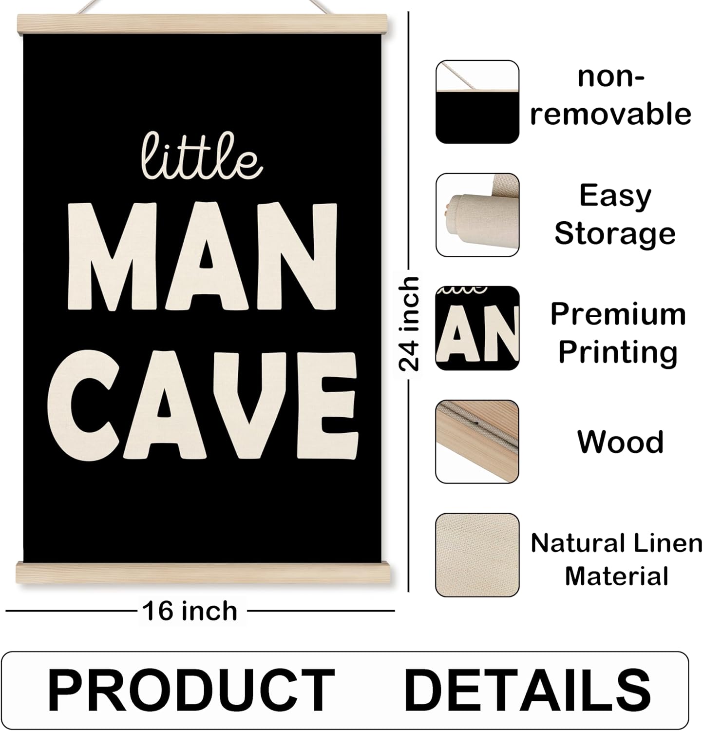 HRQKO Little Man Cave Sign Poster Hanger Frame, Boy Nursery Wall Art, Toddler Room Decor, Wooden Frames Wall Hanging Banner, 16x24 inch