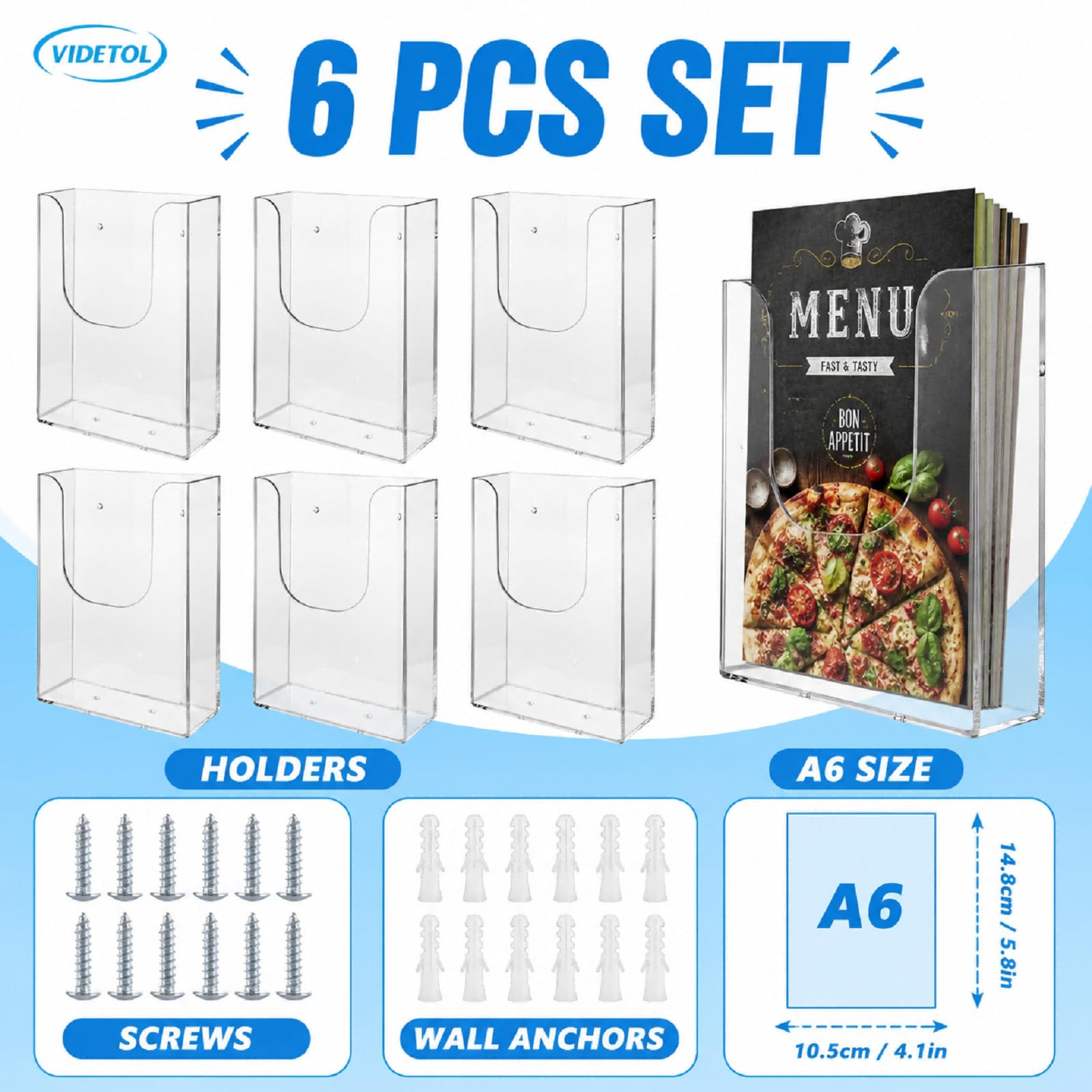 6 soportes para documentos de pared A4 de 1/3 de pulgada, soporte transparente para folletos de menú, soporte de acrílico montado en la pared para restaurante, menú, oficina, archivos,