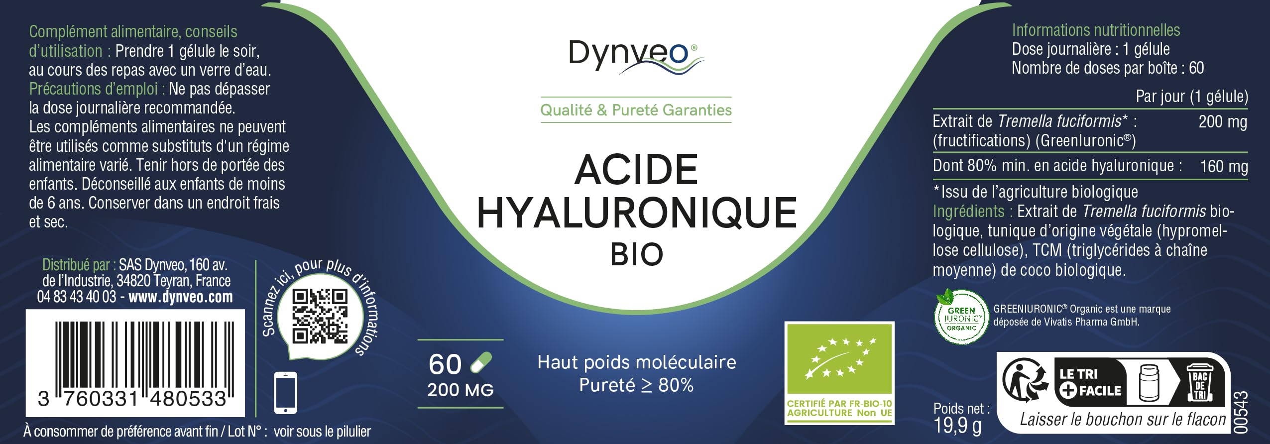 Ácido hialurónico ecológico GreenIuronic – Antiarrugas, hidratación de la piel – Valorado al 80% en ácido hialurónico – Alto peso molecular de 1500 a 4000 kDa – 60 cápsulas vegetales (2 meses) (sin