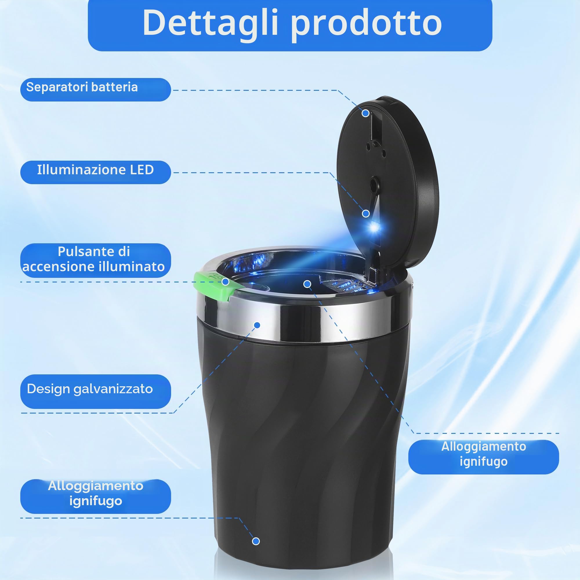 JIZZU 2 Pezzi Posacenere Auto, Posacenere per Auto con Luce LED, Posacenere Portatile con Coperchio, P osacenere Chiuso, Rimovibile, Grande Capacità, per Auto, Camion, Campeggio all'aperto(Nero)