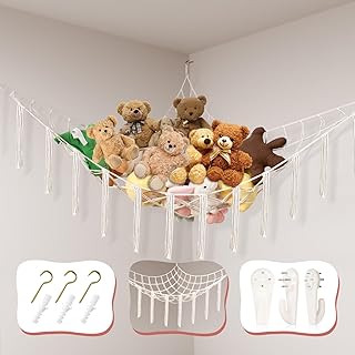 Powkoo Teddy Hammock Toy Storage Net for Stuffed Animals Teddy Bear Storage Hammock Soft Plush Cuddly Toy Storage Corner Hanging Wall Storage Organizer for Kids Bedroom Girls Baby Nursery Room (Beige)