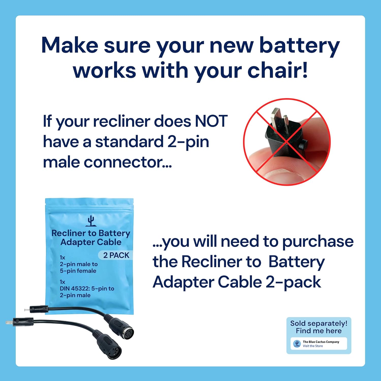 Blue Cactus 2500mAh Replacement Rechargeable Battery Pack for Reclining Furniture - Easy Install for Simple Recliners (Transformer Not Included)
