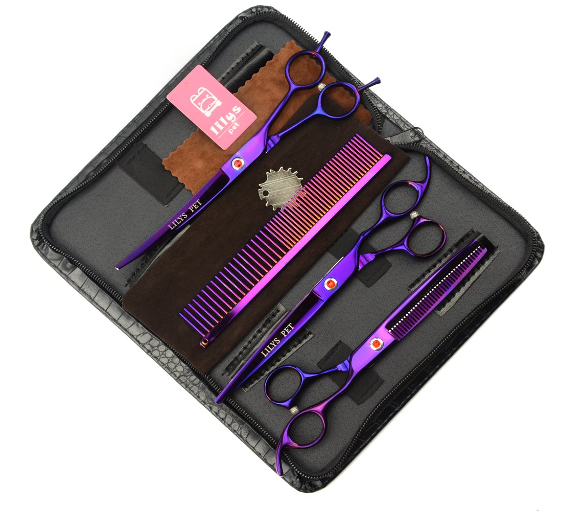 LILYS PET Professional PET Grooming Scissors Kit,Coated Titanium,Sharp and Strong Stainless Steel Blade for Dogs Cats Hair Cutting,3 Pieces of