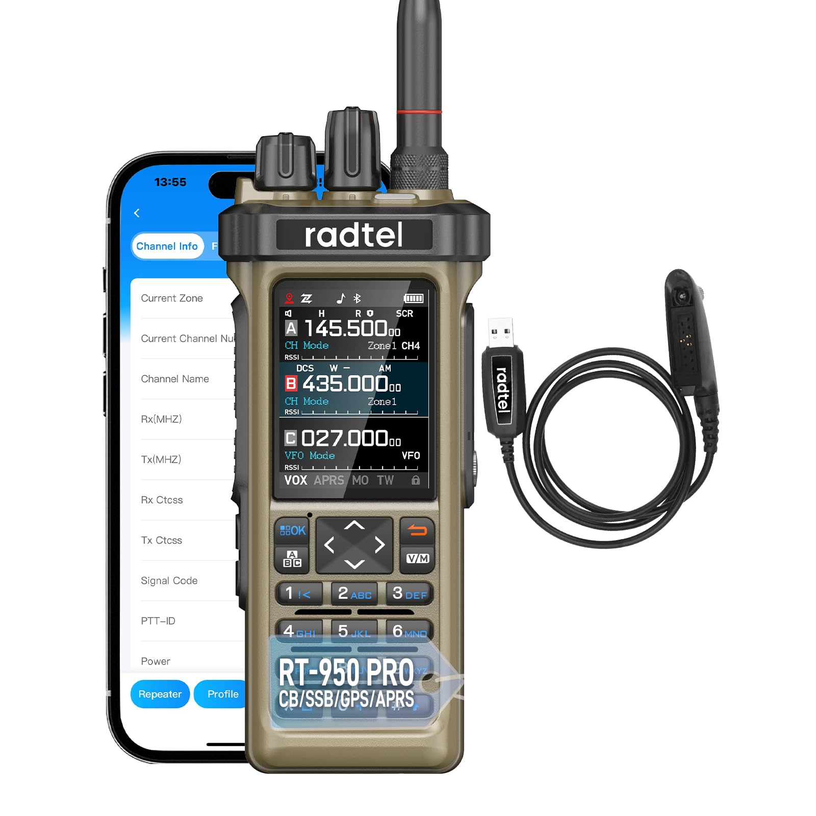 Radioamateur Radtel RT-950 Pro GPS/APRS, Talkie-walkie Portable Longue portée 10 W, réception SW/MW/LW, Programmation Via Application Bluetooth, Jaune Sable (avec câble de Programmation)