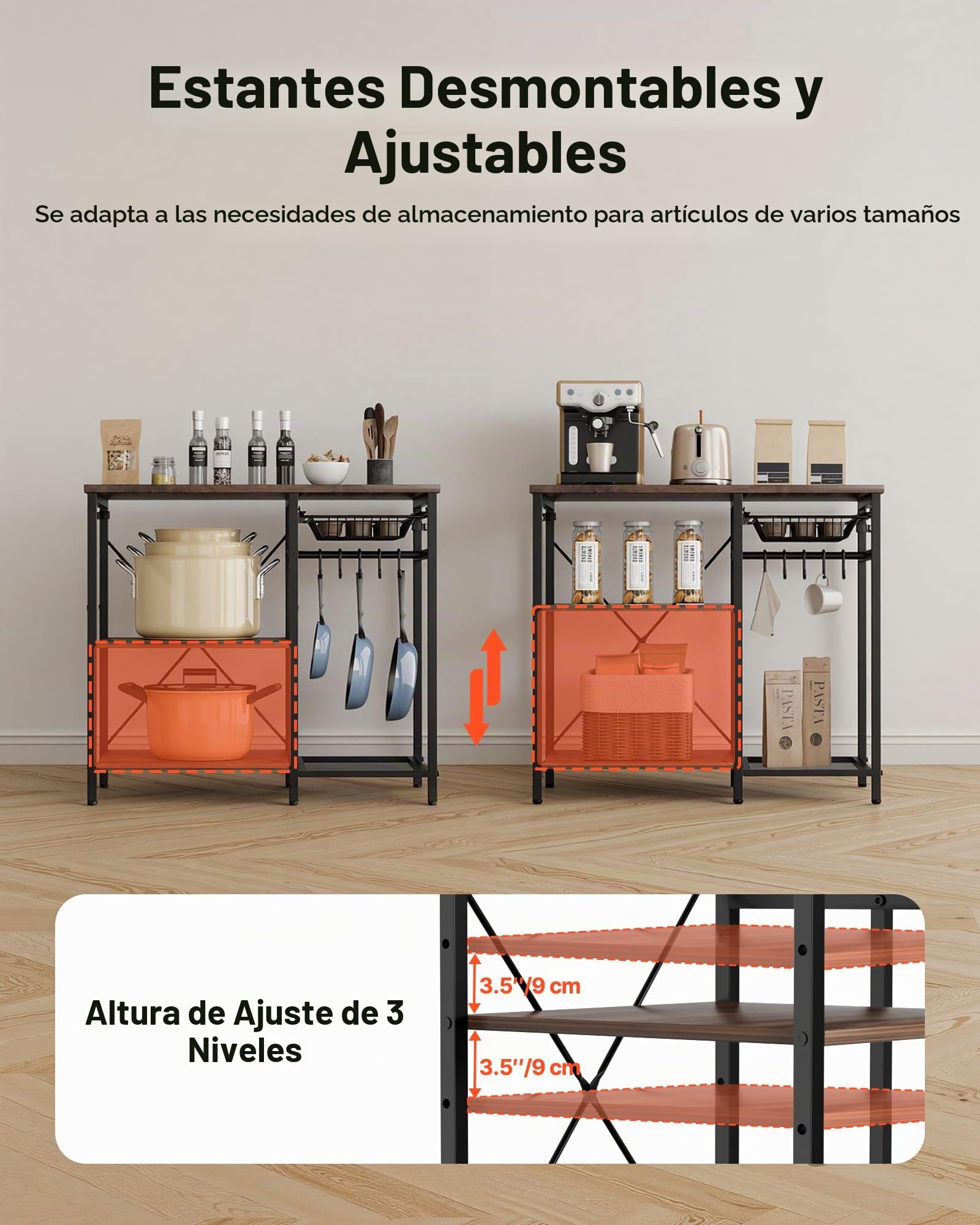 VEVOR Estante para Panaderos de Cocina de 3 Niveles, Estantería de Almacenamiento de Servicios 90 x 40 x 90 cm con 5 Ganchos, Carga del Superior de 30 kg, Estante con Soporte para Horno Microondas