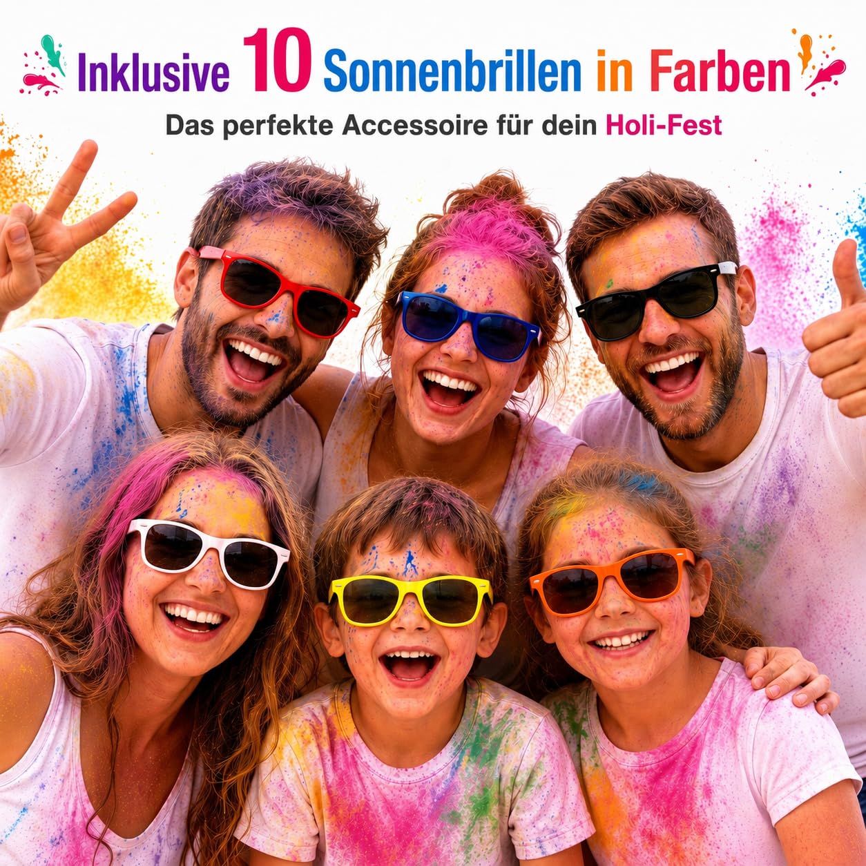 Holi Pulver 60 Beutel + 10 Sonnenbrillen – 8 Farben – 75 g Beutel – Holi Farben Pulver für Festivals, Partys & Events