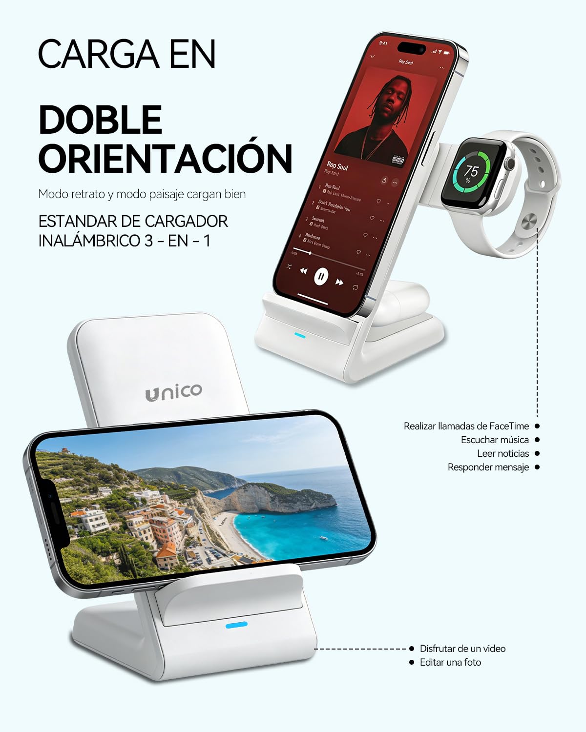 Unico Cargador Inalámbrico 3 en 1 Portátil Rápido 15W con Cable sin Cargador para iPhone 17/16/15/14/13/12 para AirPods para Apple Watch Ultra/SE (Adaptador no Incluido)