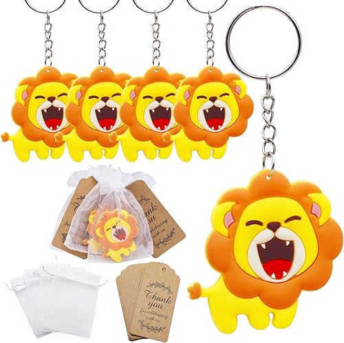 Bonito llavero de león para fiesta de cumpleaños, 24 juegos de bolsas de regalo con etiquetas de papel kraft de agradecimiento y bolsas de regalo