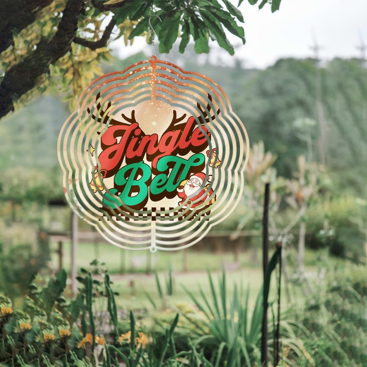 Jingle Bell Santa Claus Christmas Wind Spinners 3D Stainless Steel Laser Cut Metal Double Sided Printing-Hanging Indoor/Outdoor Decorations Yard Gardening Decor,Metal Kinetic Art 16x16 inches