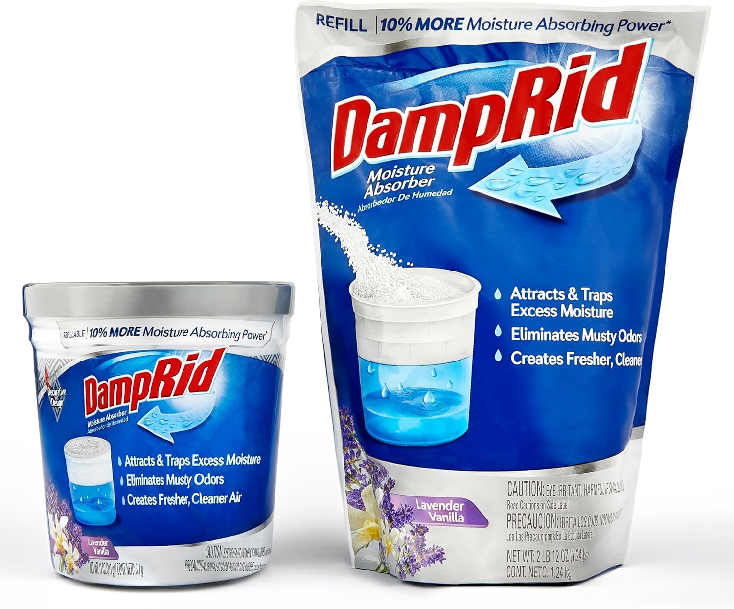 Absorbente de humedad recargable Damp Rid. Incluye vaso individual de 325 ml (11 oz) y bolsa de repuesto de Damp Rid Lavanda y Vainilla. Absorbe la humedad en el clóset, 10 % más de poder de absorción*, aire más limpio. Empaque ILIOS.