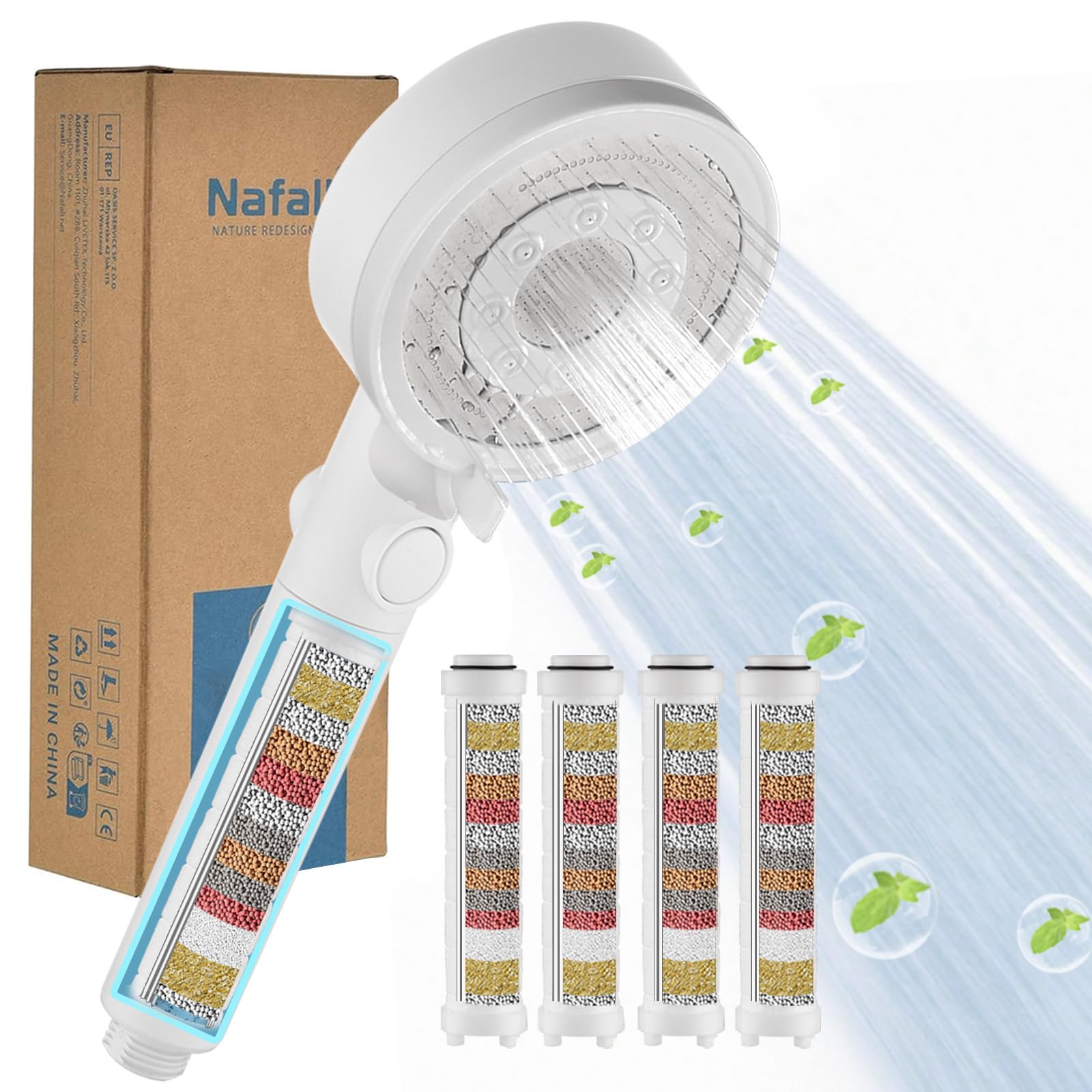Nafall Shower head with 4 PP filters, high pressure shower head, white