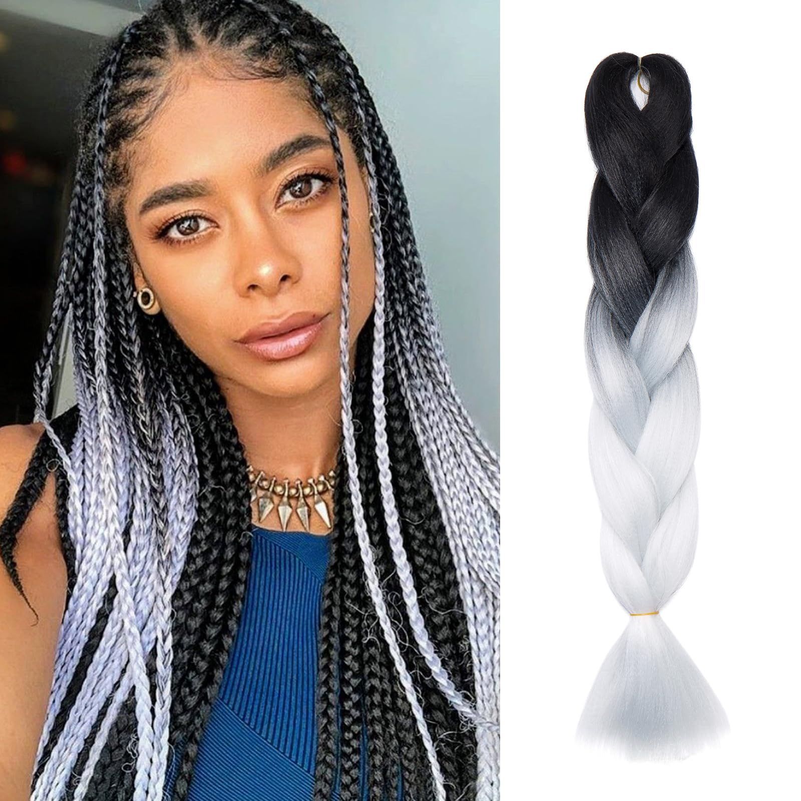 TESS 24 Inch Braiding Hair Festival Accessories DIY Rainbow Twisted Hair Extensions Crochet Synthetic Wig for Women UK 2 Colours #7 Black & Gray