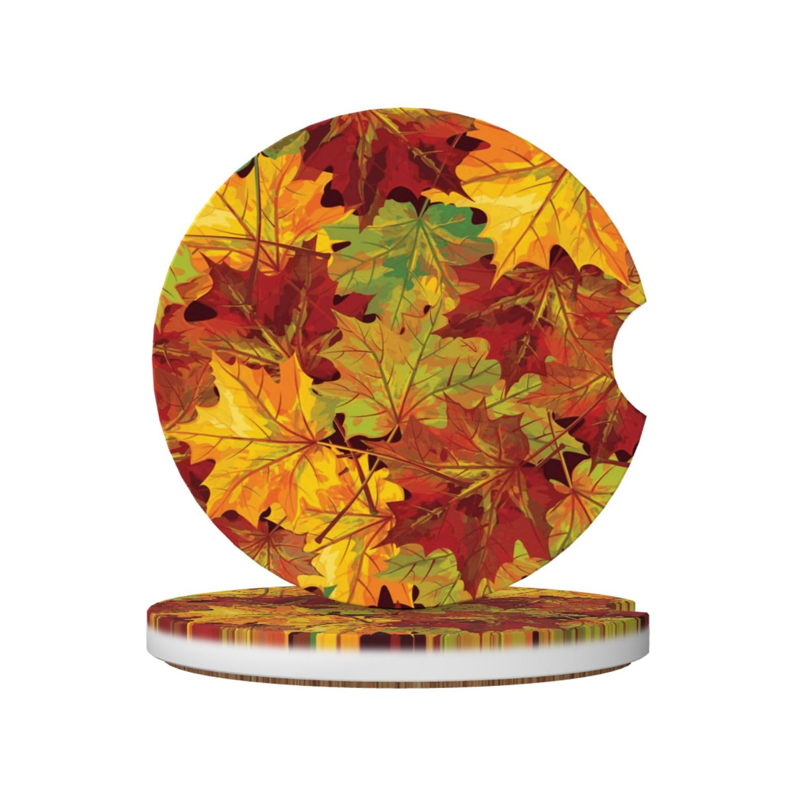 Autumn Leaves Printed, Car Cup Holder Coasters 2 Pack, Absorbent Ceramic Car Coasters with Non Slip Cork Base