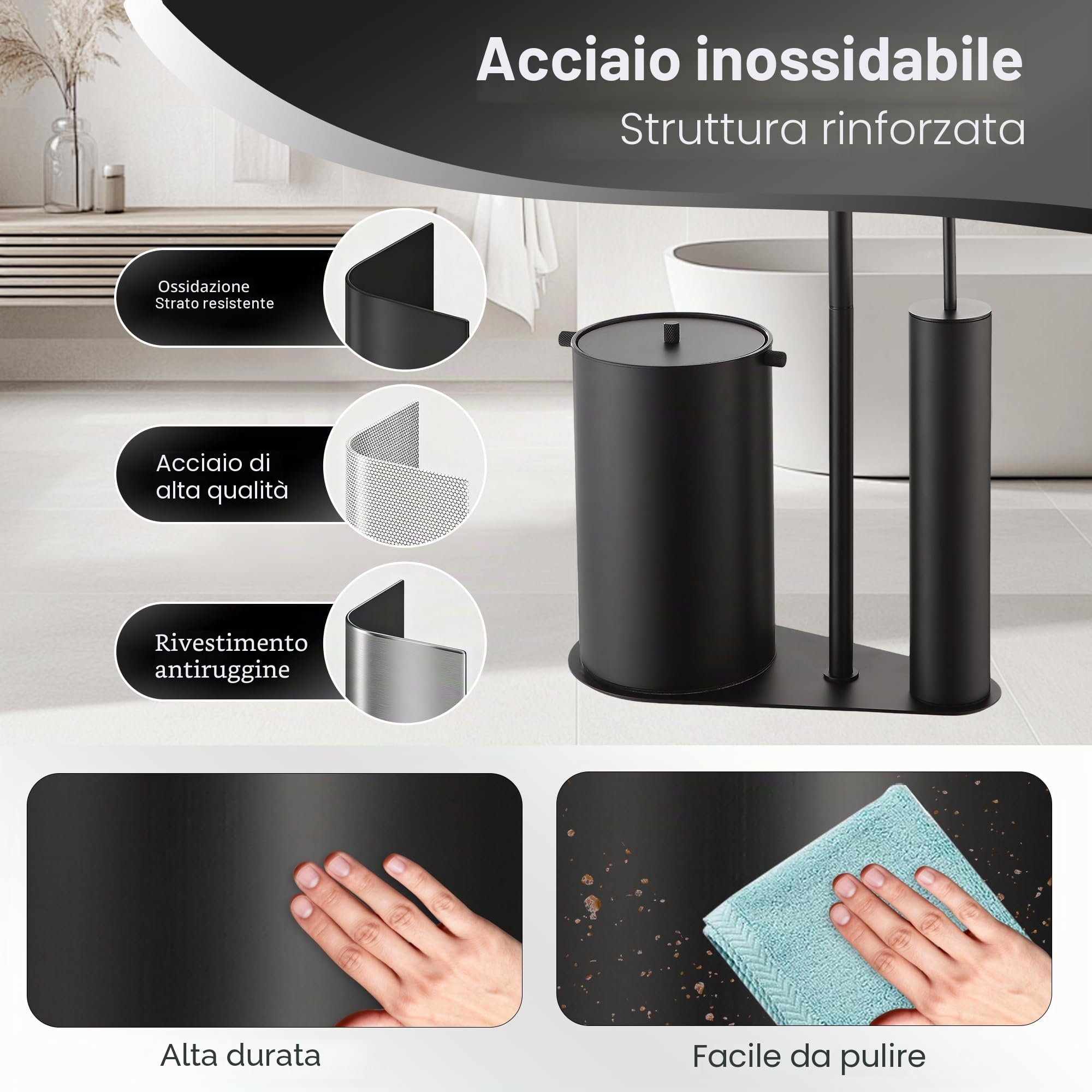 DAZI Portar carta igienica con scopino WC e pattumiera, Set 3-in-1 in acciaio inox, 2 testine di ricambio Silicone e PP, portarotolo e scopino ideale per Casa e WC degli Ospiti. (Nero opaco)