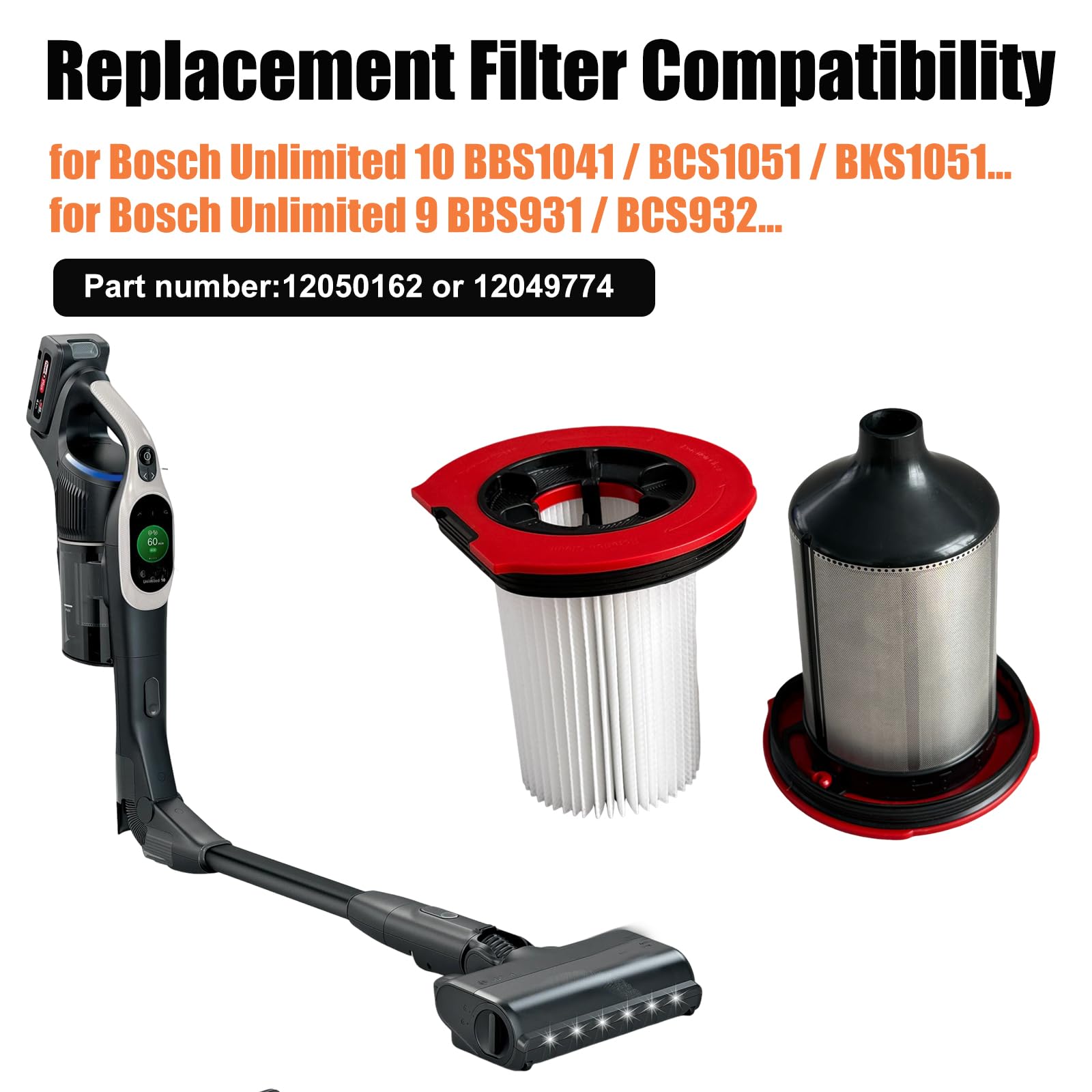 12050162/12049774 - Filtro di ricambio per aspirapolvere portatile senza fili Bosch Unlimited 10/Unlimited 9 serie BBS931/BCS932/BBS1041/BCS1051/BKS1051..