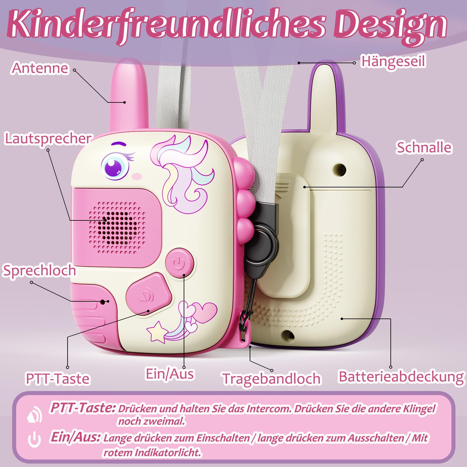DQMOON 2PCS Walkie-Talkie Bambini, Unicorno Regalo Bambina 3 4 5 6 7 Anni Giochi Bambina 3-9 Anni Walkie Talkie Giocattoli Bambini 4-8 Anni Compleanno Regali Natale Giochi Esterno Giocattoli Unicorno