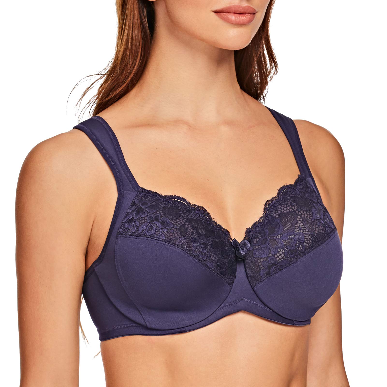 Meleneca Women's Blue Minimizer Bra Full Coverage Plus Size Underwire Lace Comfort Cushion Strap 46F
