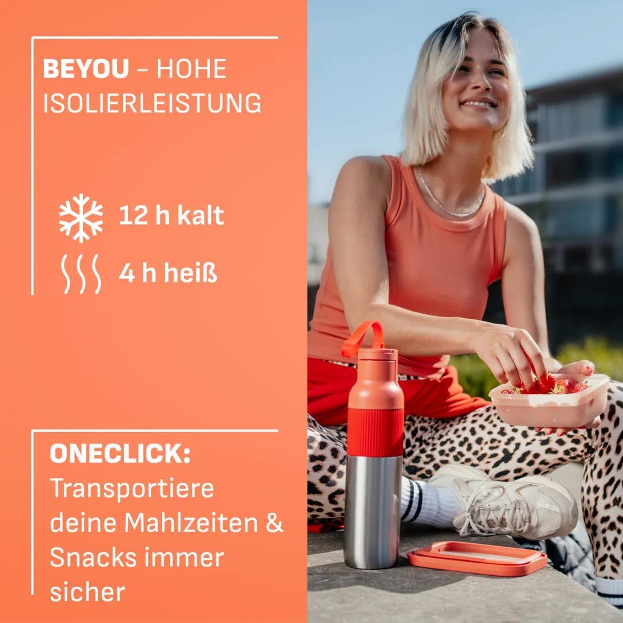 EMSA oneClick beYou, Travel Set, 100% Auslaufsicher, beYou Flip Bottle 0,7 L, Food Storage Container 0,5 L, 1,20 L, Orange, N3121550