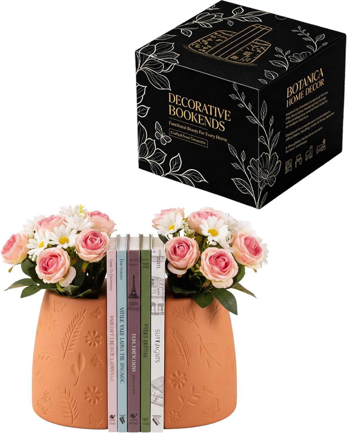 Decorative Bookends, 2-Piece Flower Pot Book Ends for Shelves | Terracotta Decor for Desks/Kitchens/Reading Nooks, Housewarming, Holiday & Birthday Gifts for Plant Lovers
