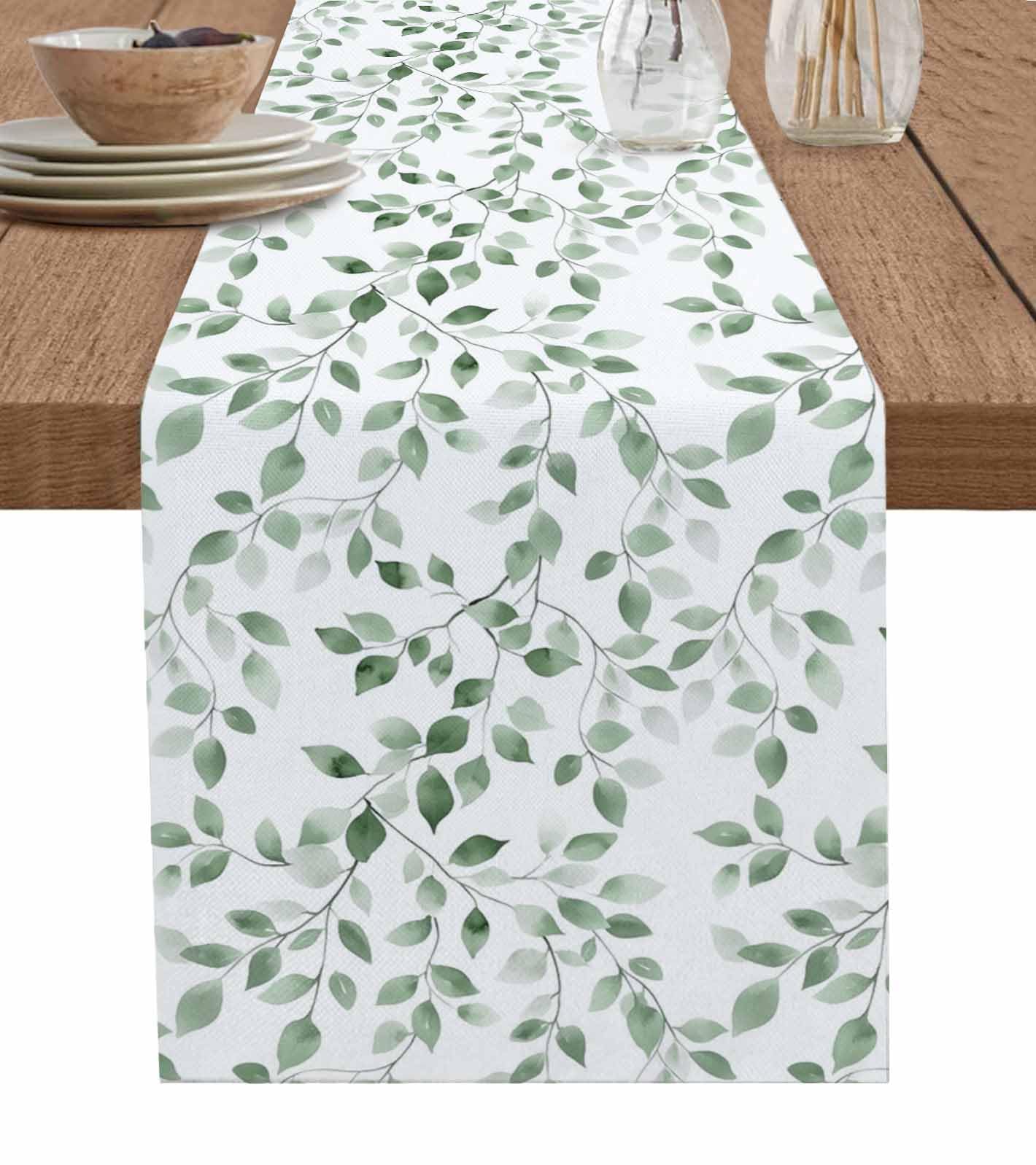 Sage Green Leaves Table Runner-Cotton Linen- 108 Inch Holiday Dresser Scarves, Gradual Solid Country Watercolor Tablerunner for Kitchen Coffee/Dining