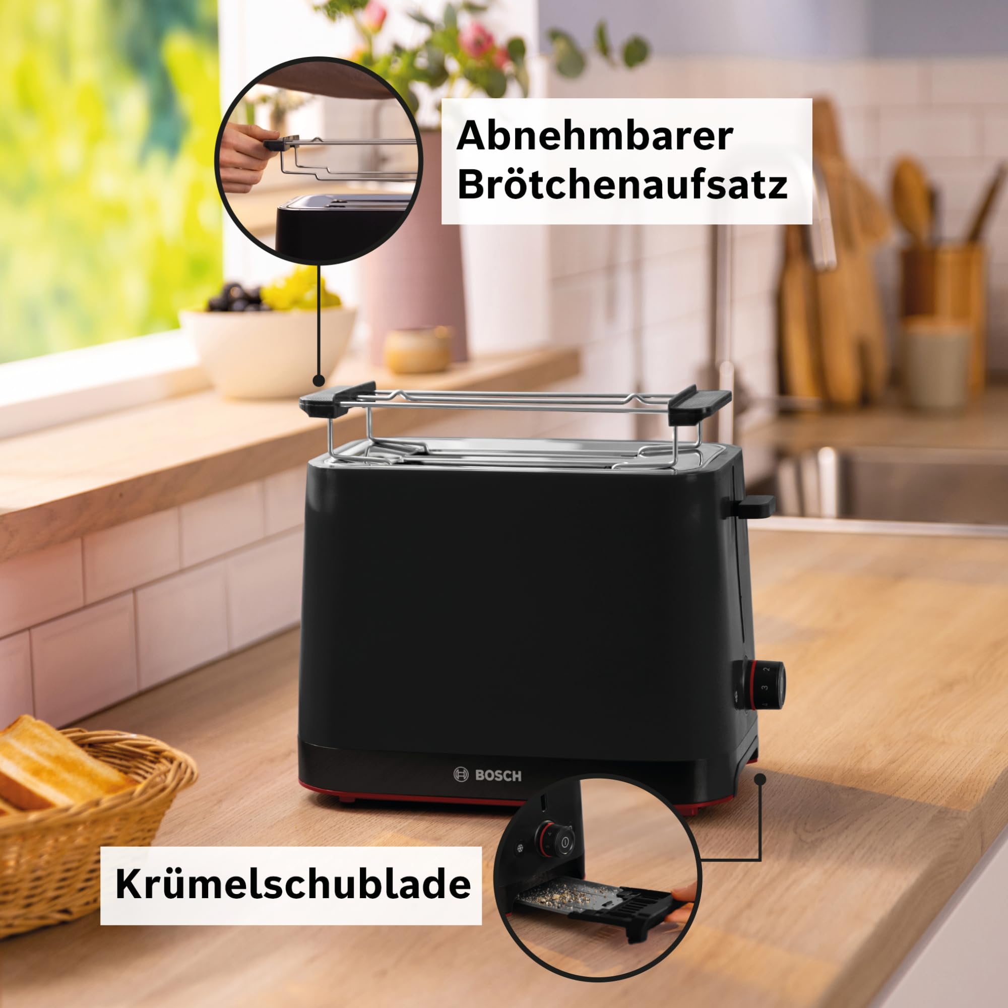 Bosch Kompakt Toaster MyMoment TAT3M123, entnehmbarer klappbarer Brötchenaufsatz, mit Auftaufunktion, Abschaltautomatik, Liftfunktion, Brotzentrierung, ideal für 2 Scheiben, 800 Watt, Schwarz matt