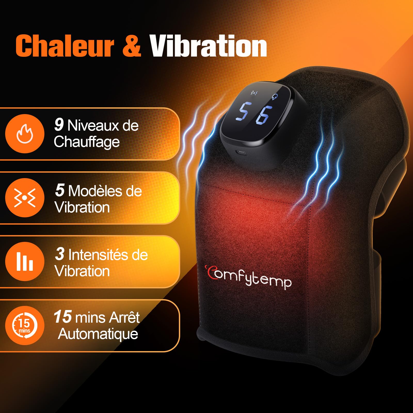 Comfytemp Coussin Chauffant Sans Fil pour Genou, Masseur 3D, 9 Niveaux de Chaleur 5 Vibrations, Contrôle APP