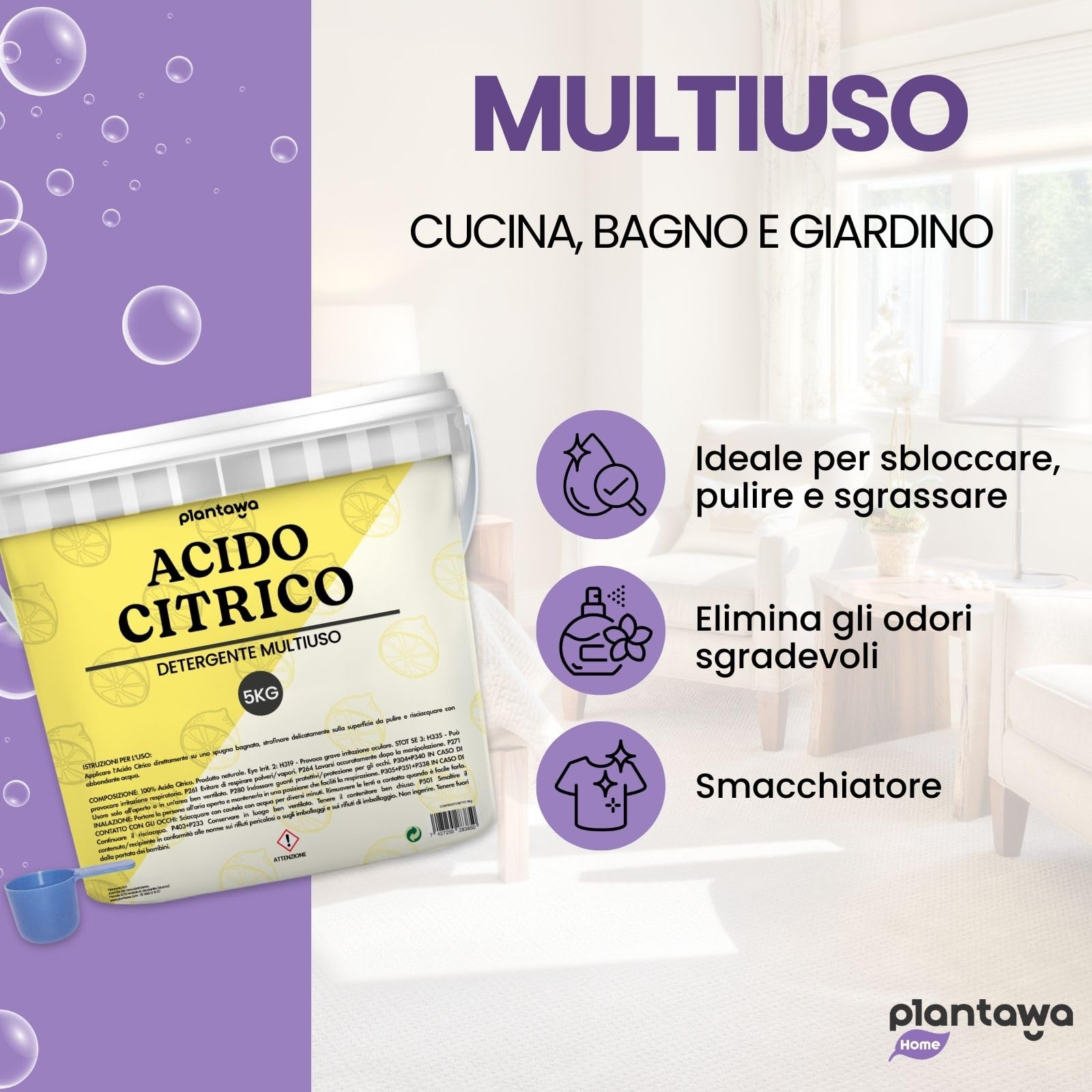 PLANTAWA Acido Citrico in polvere 5kg | Acido Citrico per Pulizia Casa | Multiuso per Lavatrice, Bagno e Cucina | Alternativa Naturale ai Detergenti Chimici | 100% Puro e Versatile