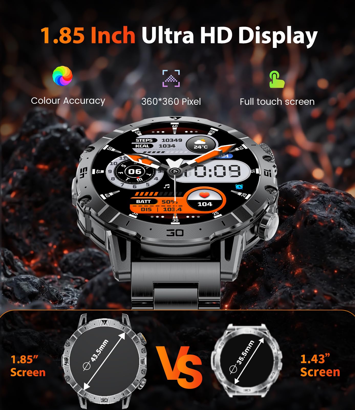EF18 Montre intelligente militaire pour homme, grande batterie de 1000 mAh, montre intelligente HD de 4,85 cm avec lampe de poche LED/sommeil/plus de 100 sports, étanche IP68 pour Android iOS