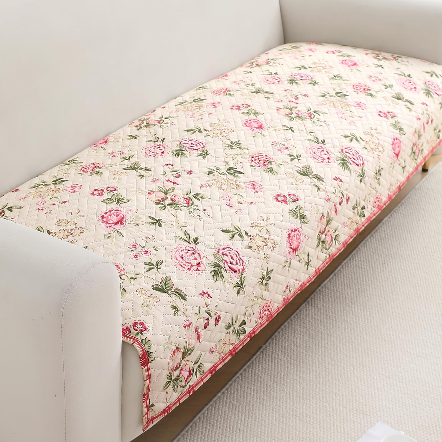 HOKIPO 'HomeHues Series' Printed Quilted Sofa Cover Mats for 1/2/3 Seater Sofa and L Shape. Make Your Own Sofa Cover Set, Mat Length 90(D) X 220(L) Cm, Beige Peonies (IN-816-D3)