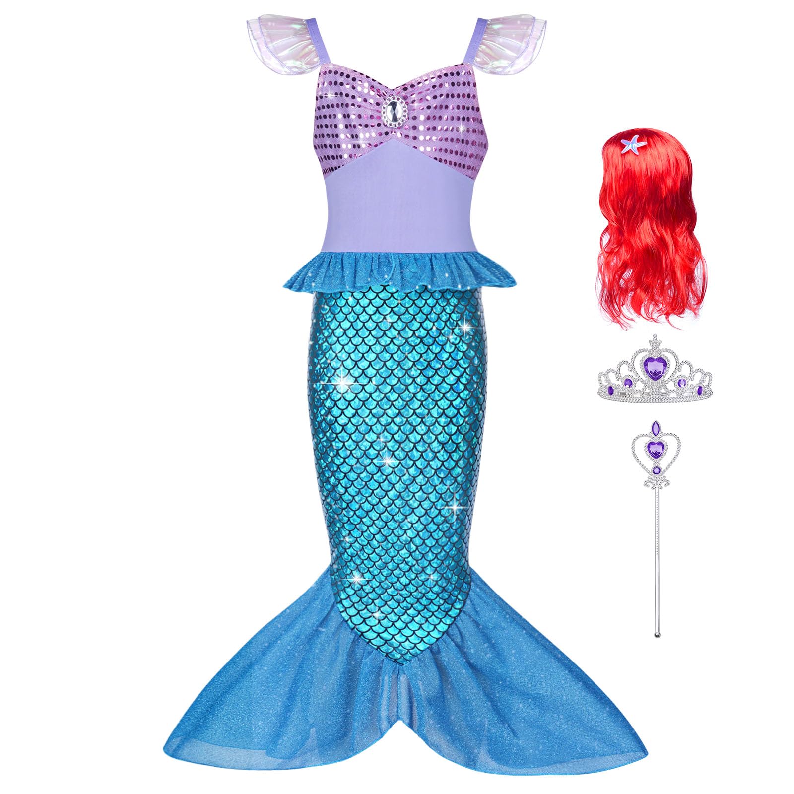AOOWU Meerjungfrau Kostüm Mädchen, Set Meerjungfrau Kleid Mädchen mit Perücke, Lila Krone und Zepter, Kostüm Kinder für Karneval Party Halloween Weihnachten Cosplay