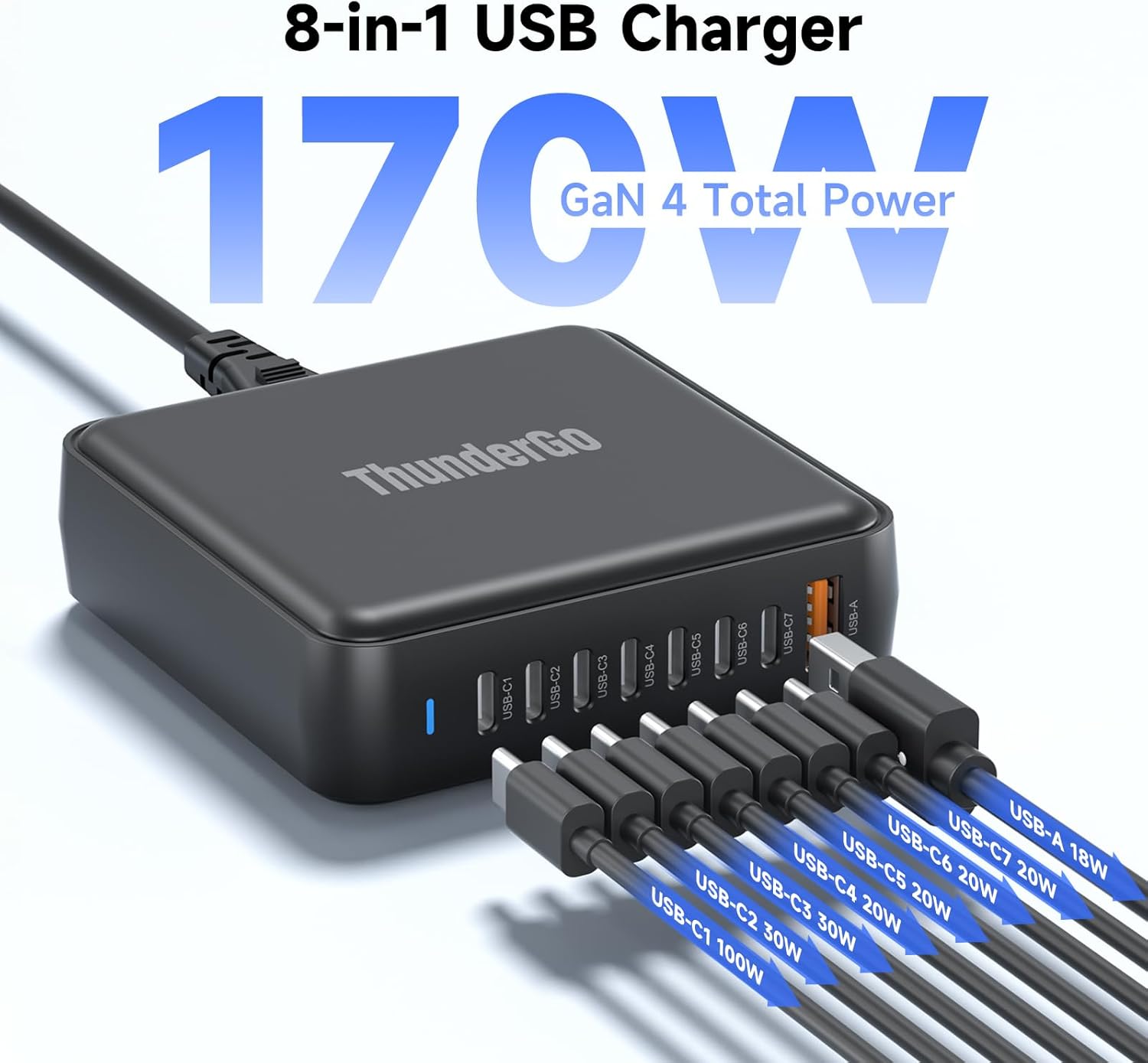 170W GaN Pro USB C Charging Station | 8-Port Desktop Power Hub (7xUSB-C PD3.0 + QC4.0 USB-A) | Smart Charger for MacBook Pro M3 Max | ETL/FCC Certified with Dynamic Power Allocation