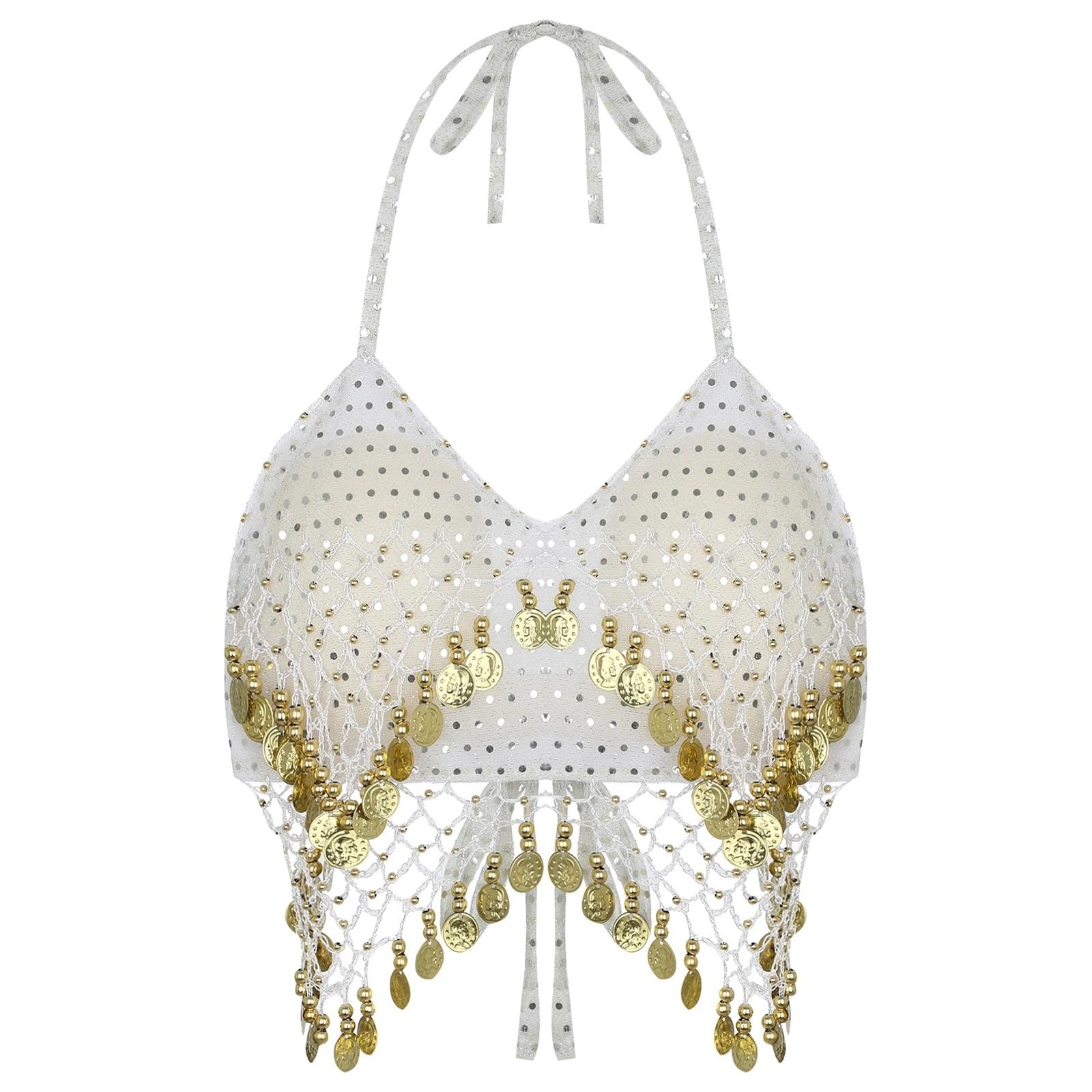 Zwcshuu Women's White Sexy Beaded Sequins Belly Dance Costumes Bra Professional Belly Dancer Outfits Stage Performance Carnival Tops Bra Belly Dancer Top(White)