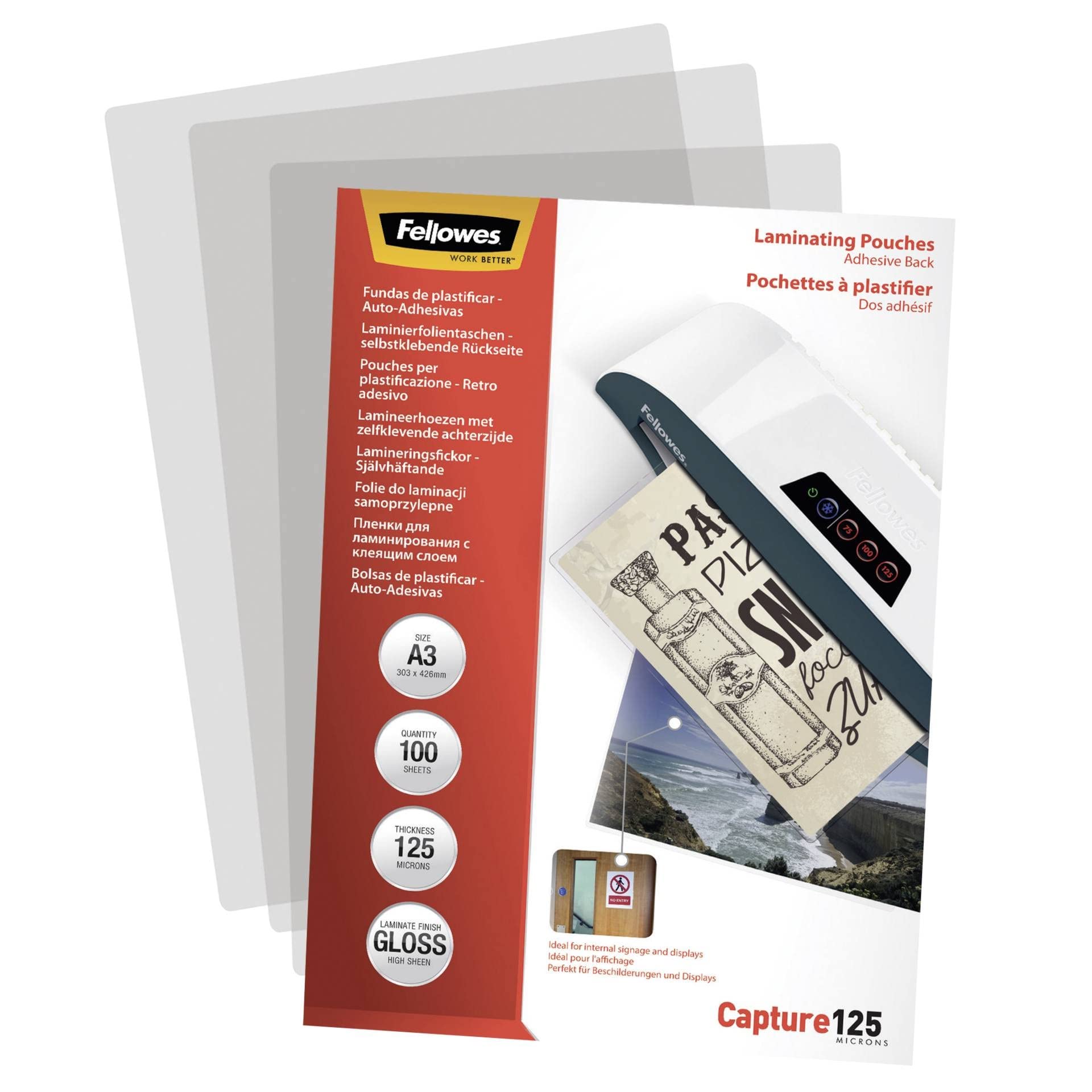 Fellowes 5329001 Pouches A3, Formato A3, 125 Micron, Confezione da 100 Pezzi, Trasparente