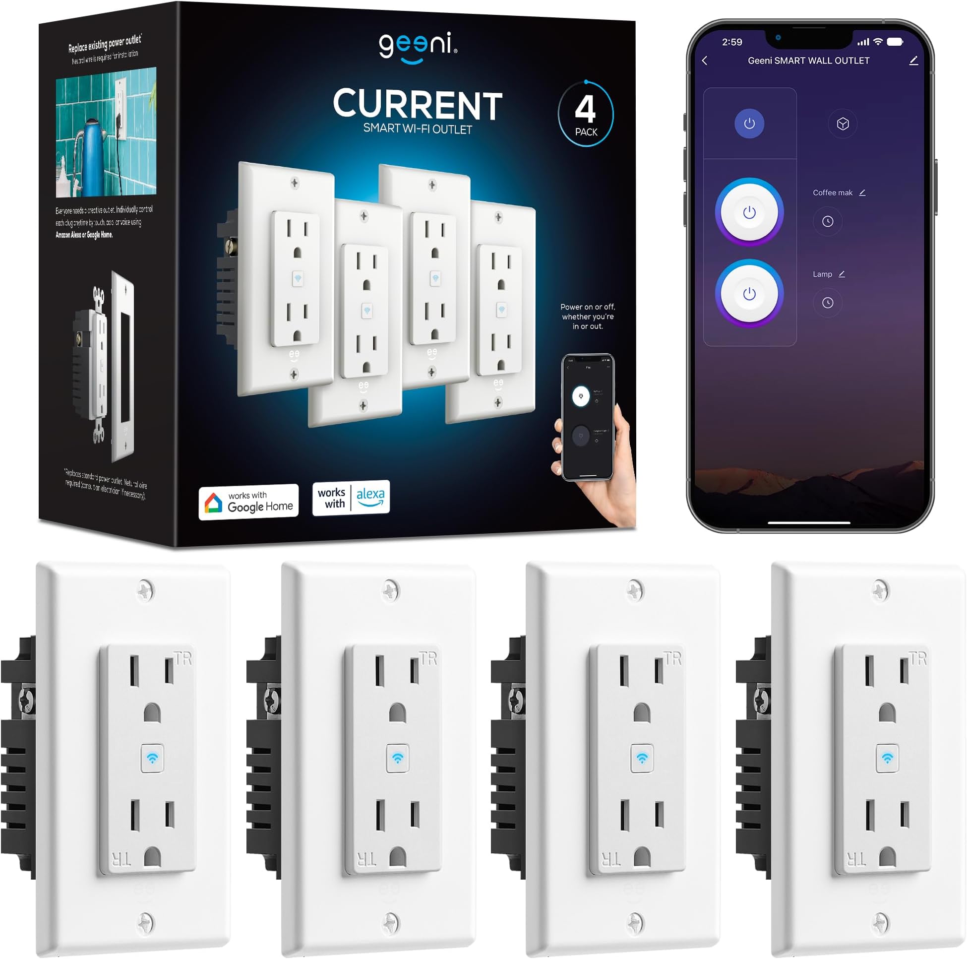 Geeni Smart WiFi in-Wall Outlet, White, 4 Pack – 2 Smart Outlets per Plug, Compatible with Alexa & Google Home, Tamper Resistant, Fire Resistant, App & Voice Control, Requires 2.4GHz WiFi