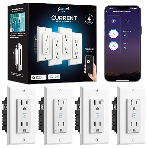 Geeni Toma de corriente inteligente WiFi en pared, color blanco, paquete de 4  2 tomas de corriente inteligentes por enchufe, compatible con Alexa y