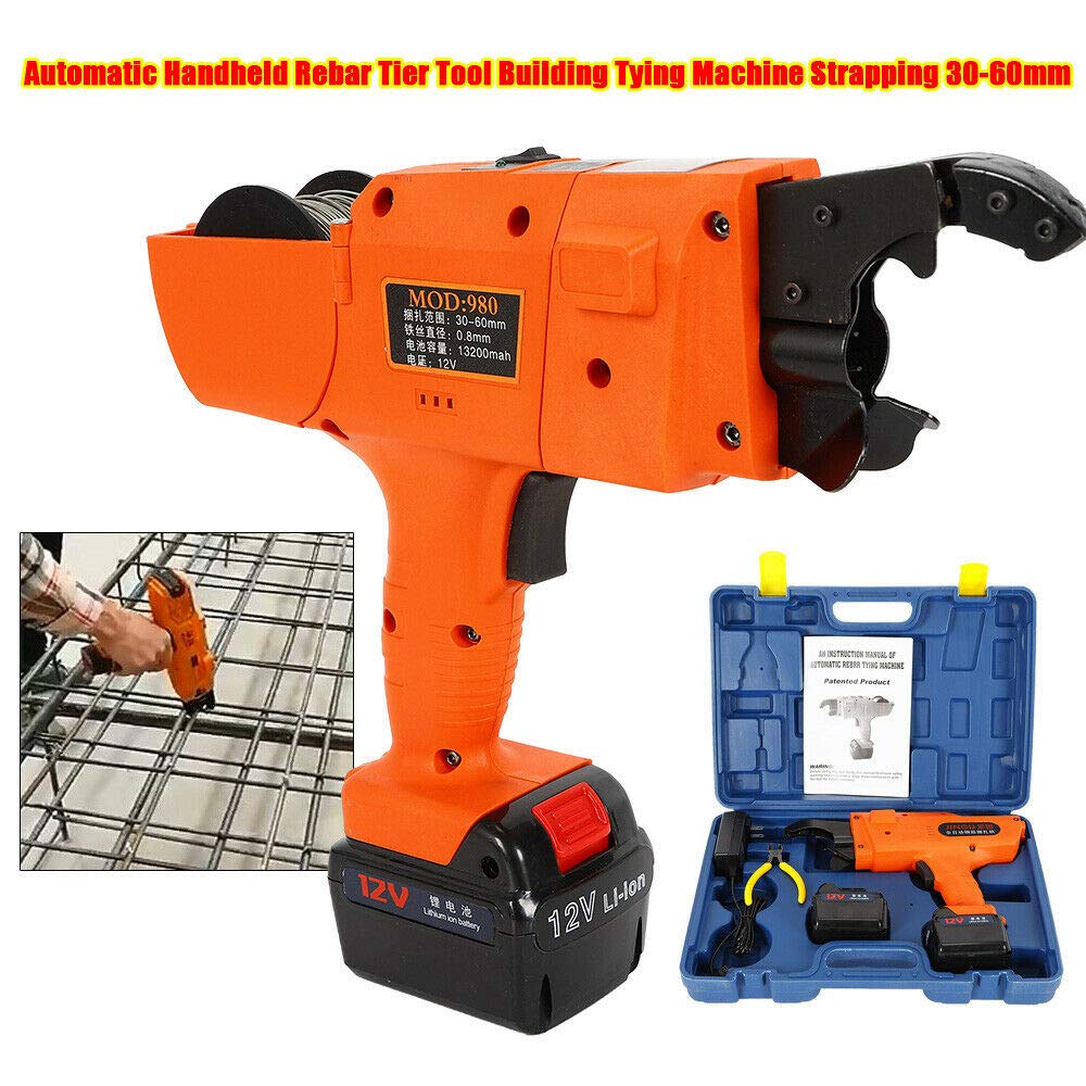 12v Automatic Tying Machine Handheld Rebar Tier Tying Machine Orange Strapping Machine Tying Range 30-60mm Electric Rebar Bender for Bending Rebar, Steel Bar, Floor Pipe, Steel Rod