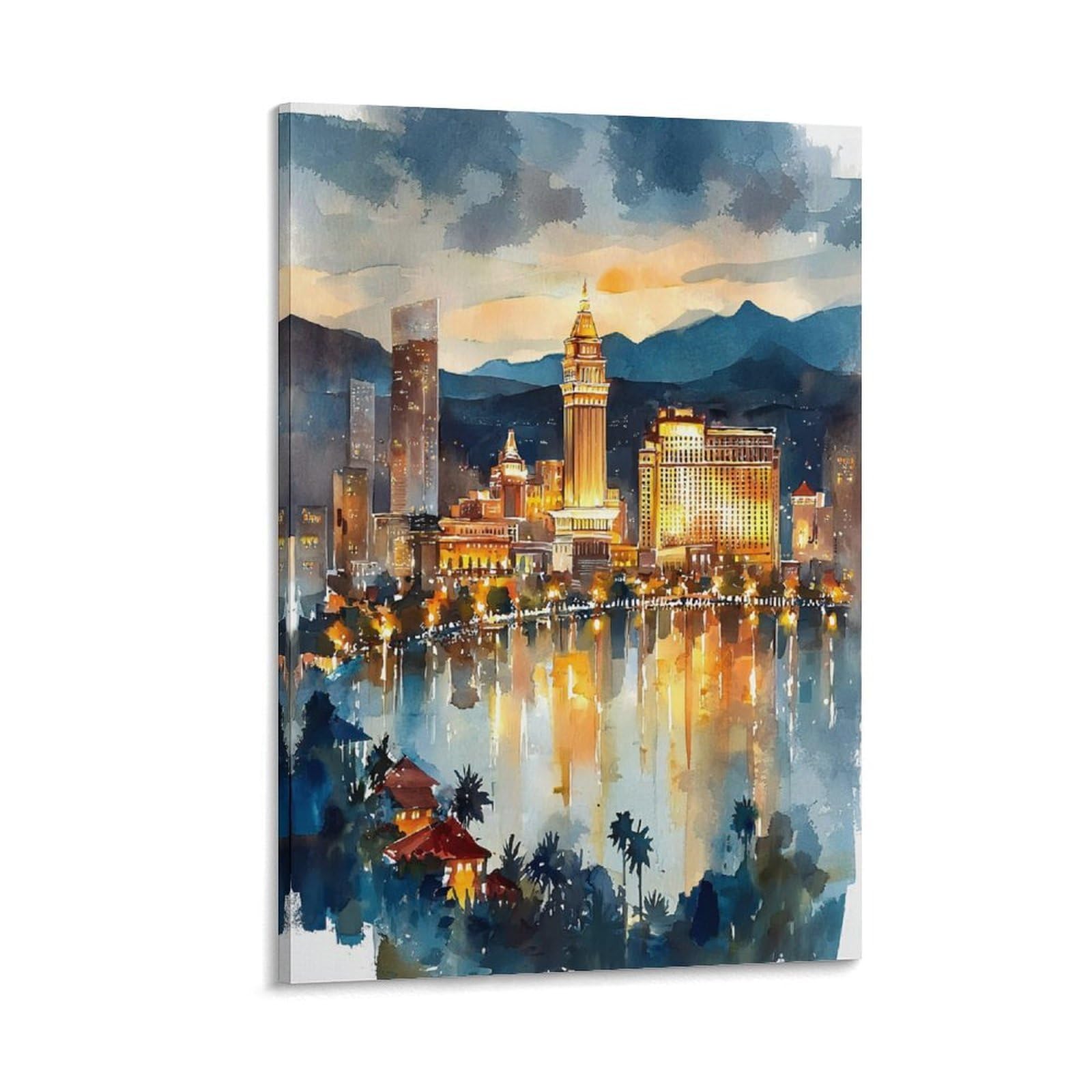 XWYMXZ Las Vegas Nevada 16x24inch(40x60cm) Vintage Travel Poster Watercolor Canvas Art