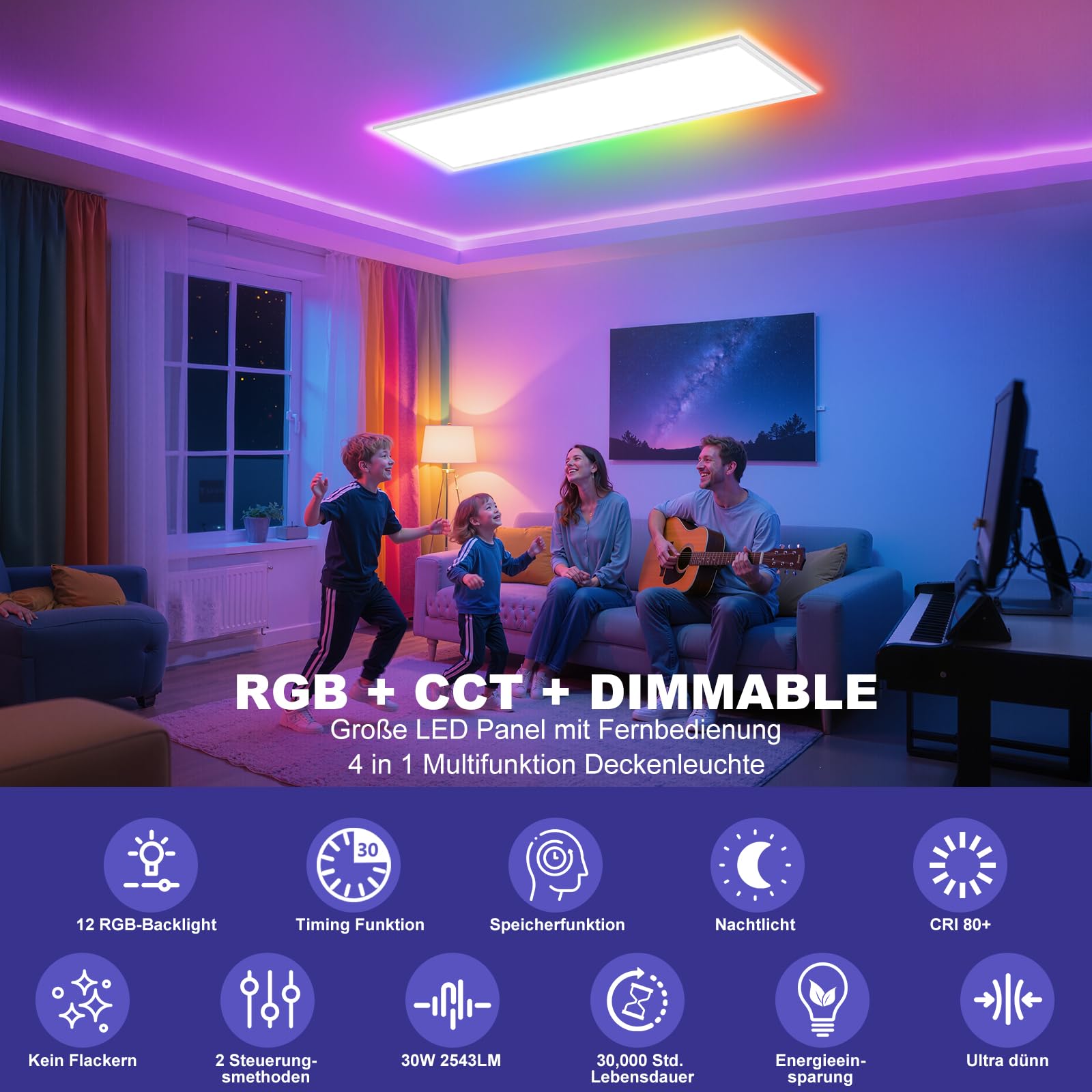 Deckenlampe Led Deckenleuchte Dimmbar Flach - 100x25CM RGB Backlight LED Panel Lampe Decke mit Fernbedienung Timer 3000K-6500K 30W 2543LM für Wohnzimmer Badezimmer küche Schlafzimmer Tageslichtlampe