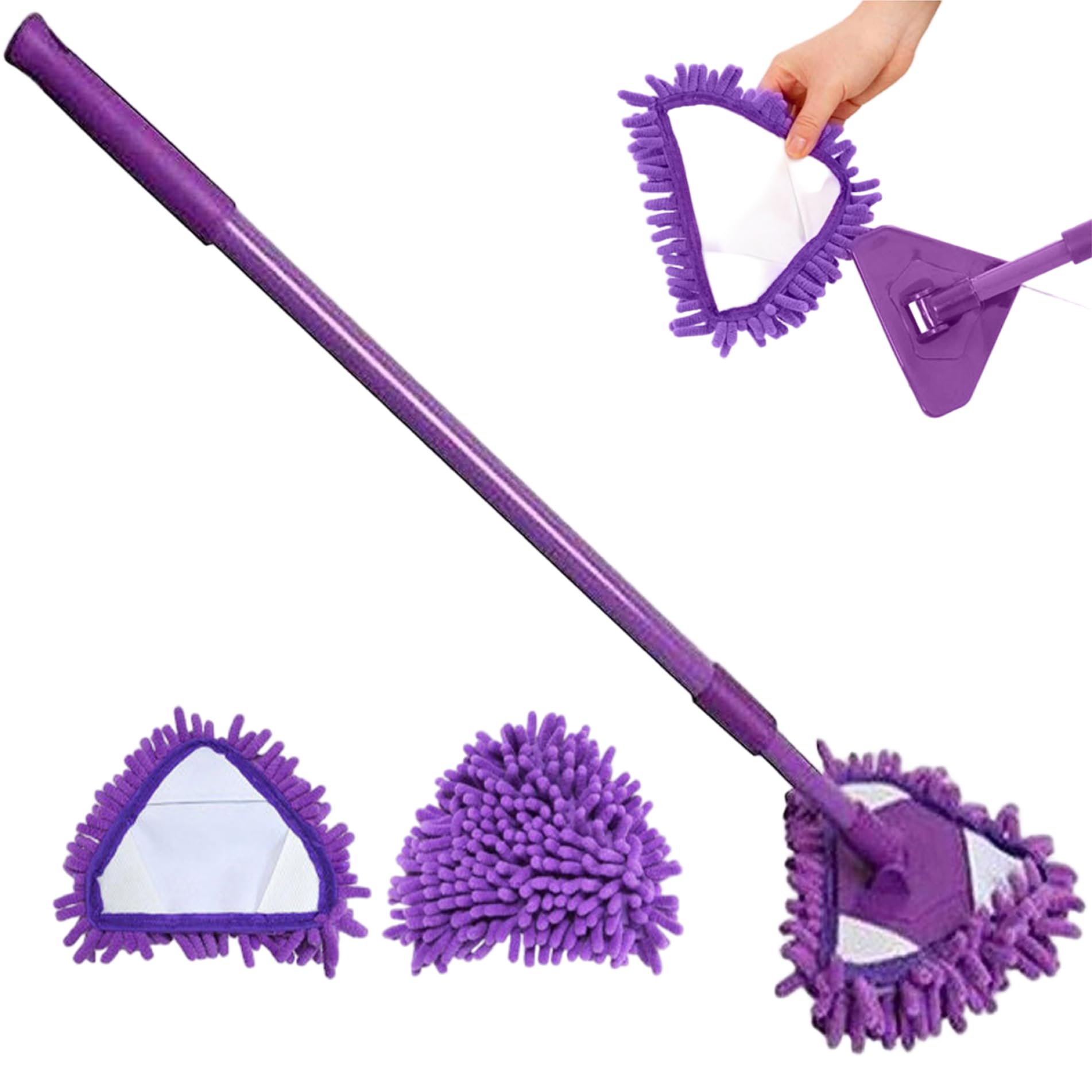 Azidweryq Purple Mini Mop, 180° Rotating Triangle Mop With Telescopic Handle, Wall Cleaner With 2 Replacement Heads For Bathroom Shower Floor Wall Cleaning Mops For Walls