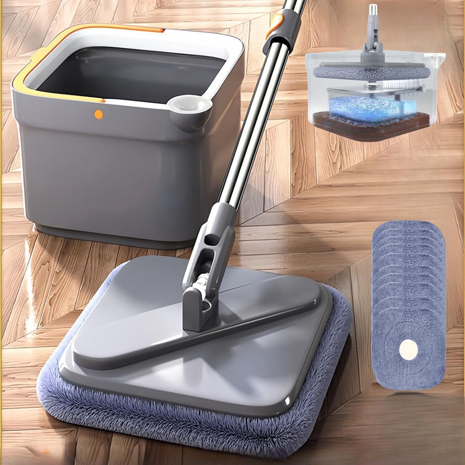 Trapeador giratorio M16, m16 cuadrado de fregona giratoria, fregona giratoria y cubo con juego de escurridor, fregona giratoria de 360 grados ajustable de limpieza cuadrada, uso en húmedo y