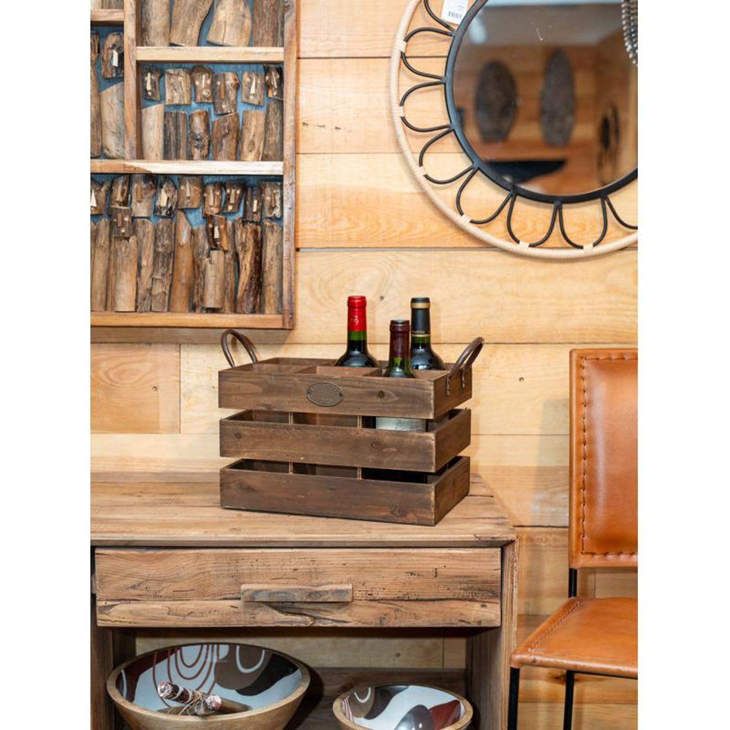 AUBRY GASPARD - Caisse de Rangement 6 Bouteilles - Anses Métal - Bois - Dimensions 32 x 22 x 25,8 cm - Cases 9.4 x 9.4 cm - Idéale pour Vin et Bière - Pratique et Élégante pour Cuisine et Cave