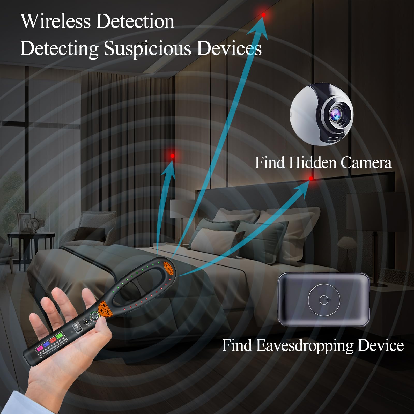 Wanzen Detektor, Kamera Finder & RF Scanner, Magnetischer Tracker Finder für versteckte Kameras, Abhörgeräte, Hotel, Auto, Büro, Umkleide, Zuhause und Reisen, Tragbar & Wiederaufladbar