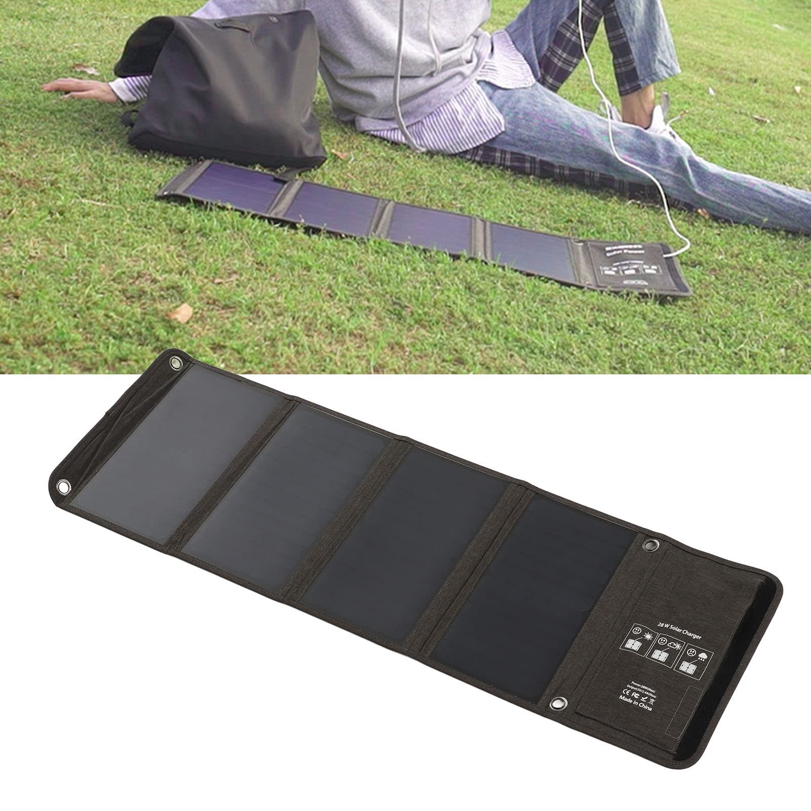 Caricatore a pannello solare pieghevole Pannello di ricarica solare portatile leggero impermeabile da 28 W con 2 porte USB per campeggio Escursionismo Attività all'aperto