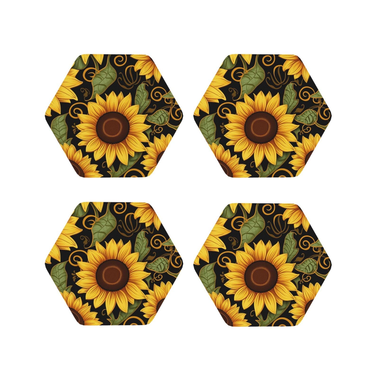 4pcs Drink Coasters for Tabletop Protection, 4" Leather Coasters for Drinks, Beautiful Sunflower Cup Coasters for Coffee Table Decor, Non-Slip Drinking Cup Mat for Hot Or Cold Drink