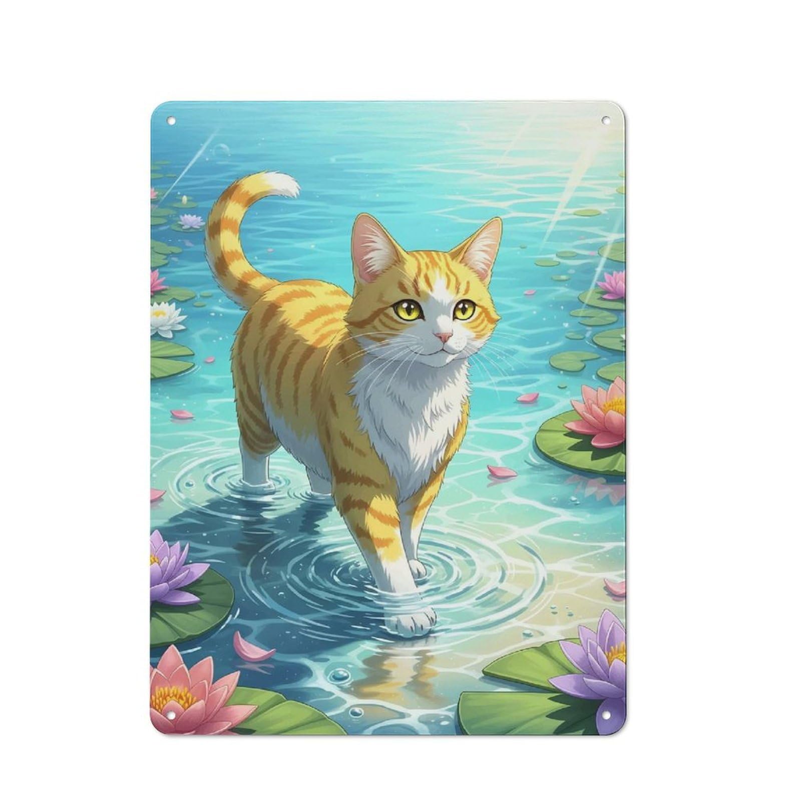 Junmoney Style-14 Classic Cat Walking On Water Lilies Pond Metal Wall Sign 40X30cm, Pub Wall Decor For Diner, Restaurant, Shed Or Kitchen