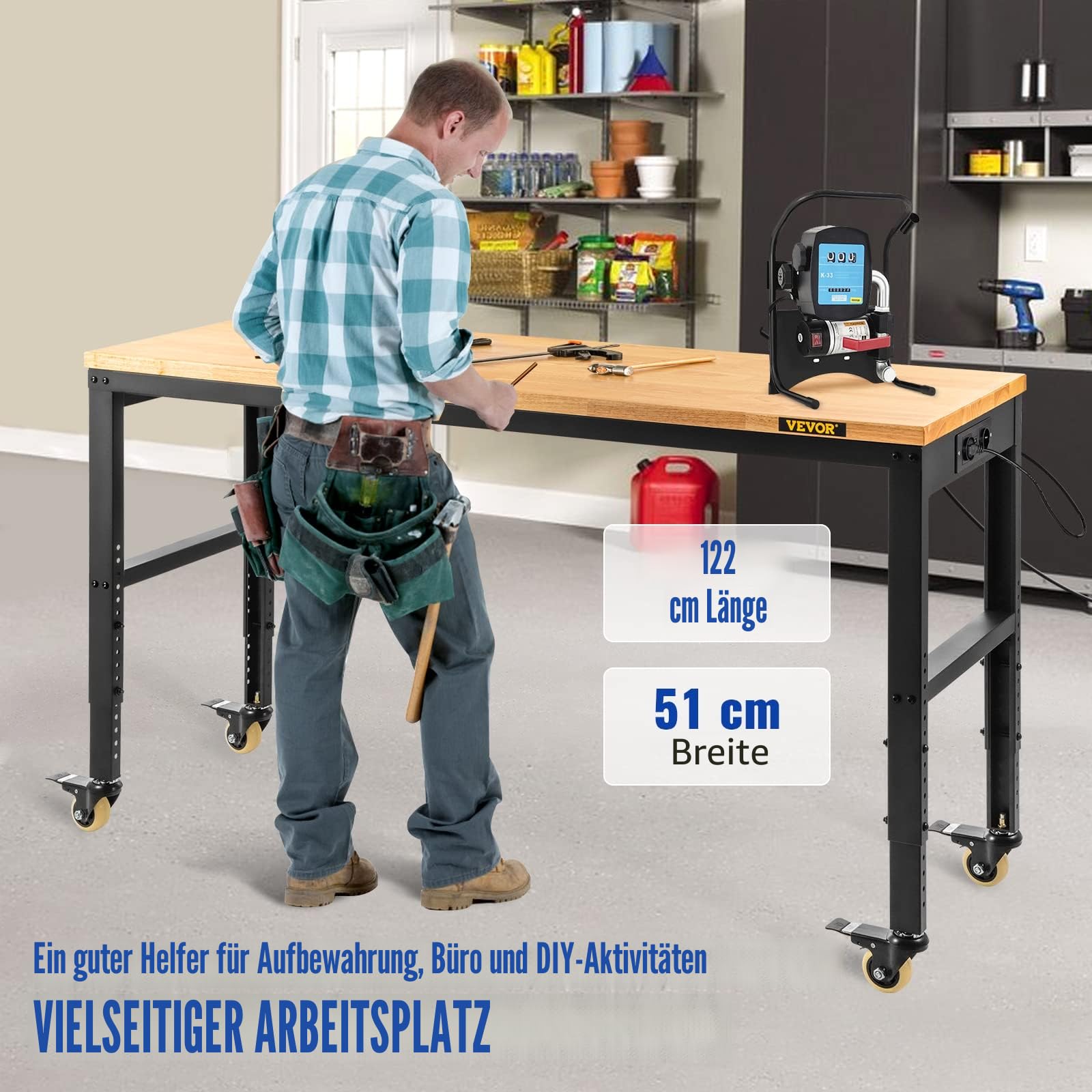 VEVOR verstellbare Werkbank, Werkbank mit Steckdose, Rädern und Stecktafel, robuster Arbeitstisch mit Eichenholzplatte für Garage, Werkstatt, Büro und Zuhause 122 x 51cm